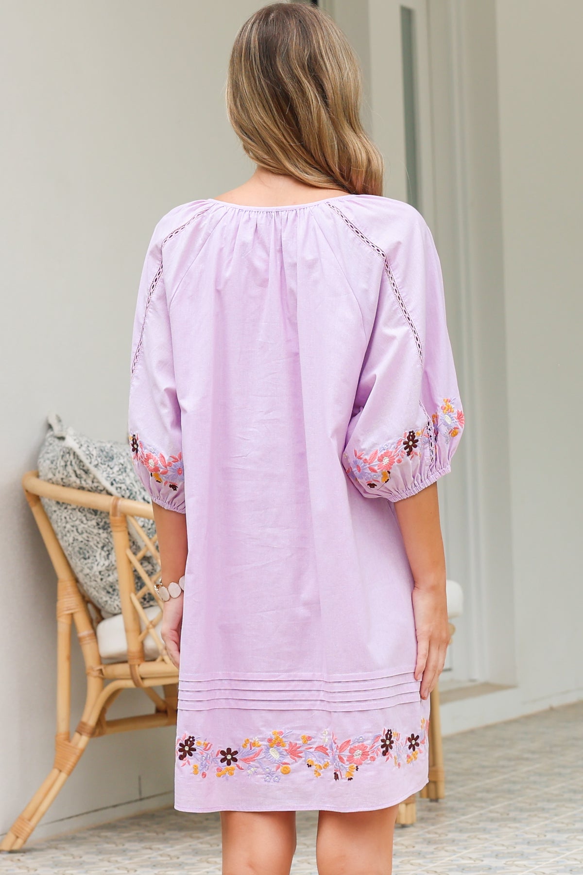 Margerie Mini Dress - Floral Embroidered Shift Dress with Balloon Sleeves in Lilac