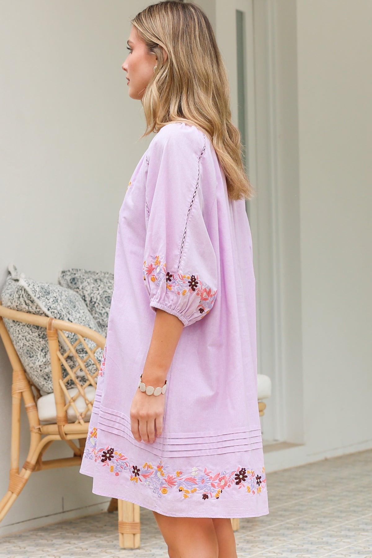 Margerie Mini Dress - Floral Embroidered Shift Dress with Balloon Sleeves in Lilac