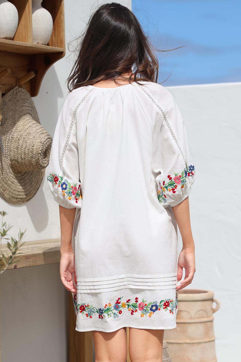 Margerie Mini Dress - Floral Embroidered Shift Dress with Balloon Sleeves in White