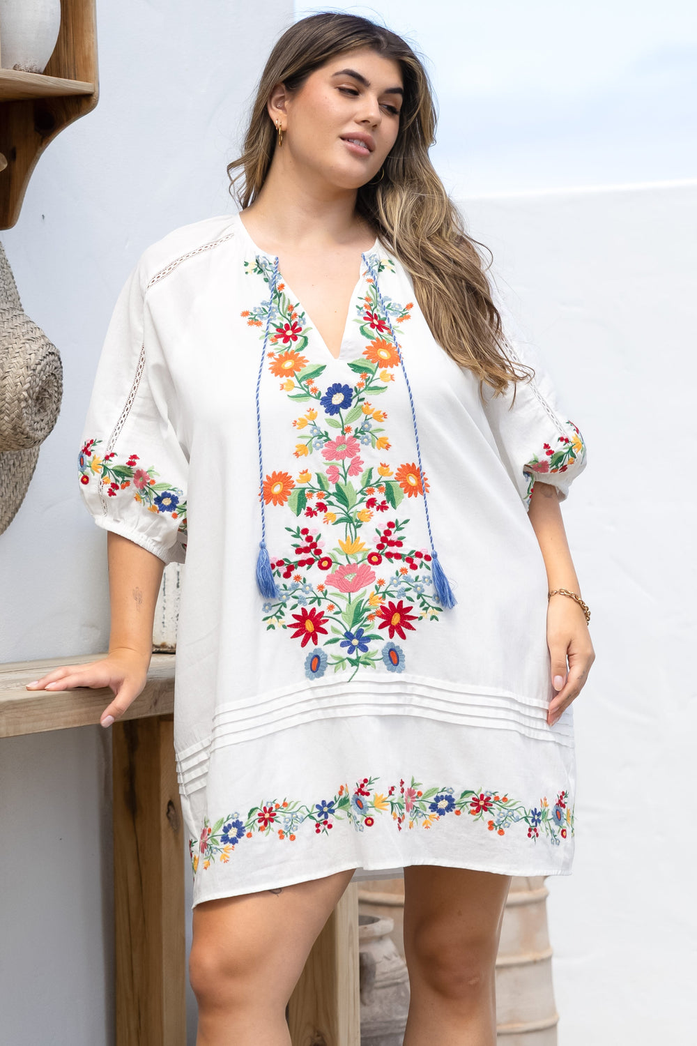 Margerie Mini Dress - Floral Embroidered Shift Dress with Balloon Sleeves in White