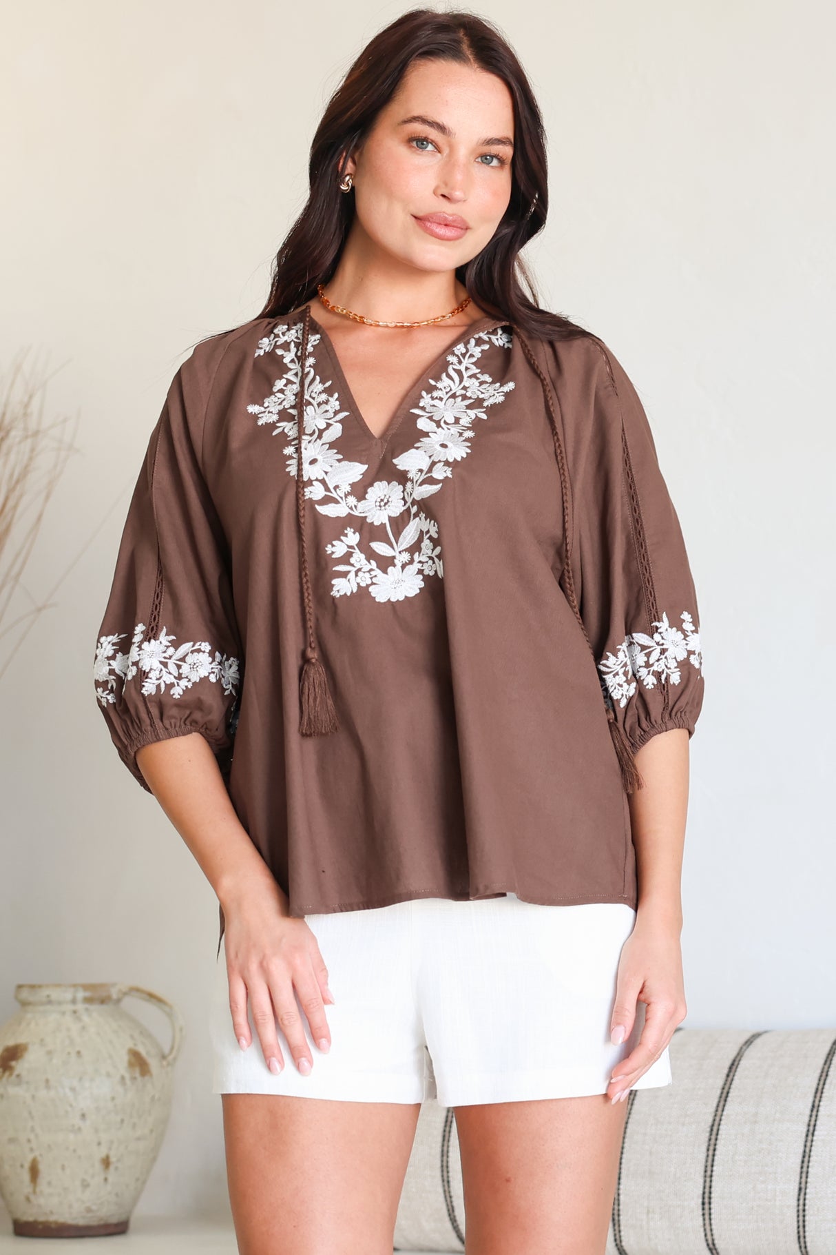 Margerie Top - Floral Embroidered Top with 3/4 Sleeves in Chocolate