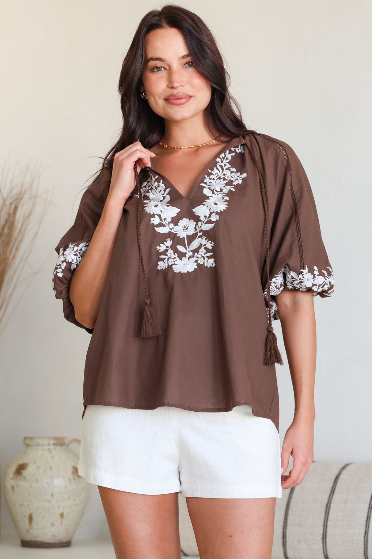 Margerie Top - Floral Embroidered Top with 3/4 Sleeves in Chocolate