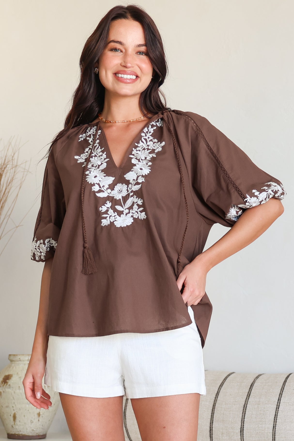Margerie Top - Floral Embroidered Top with 3/4 Sleeves in Chocolate