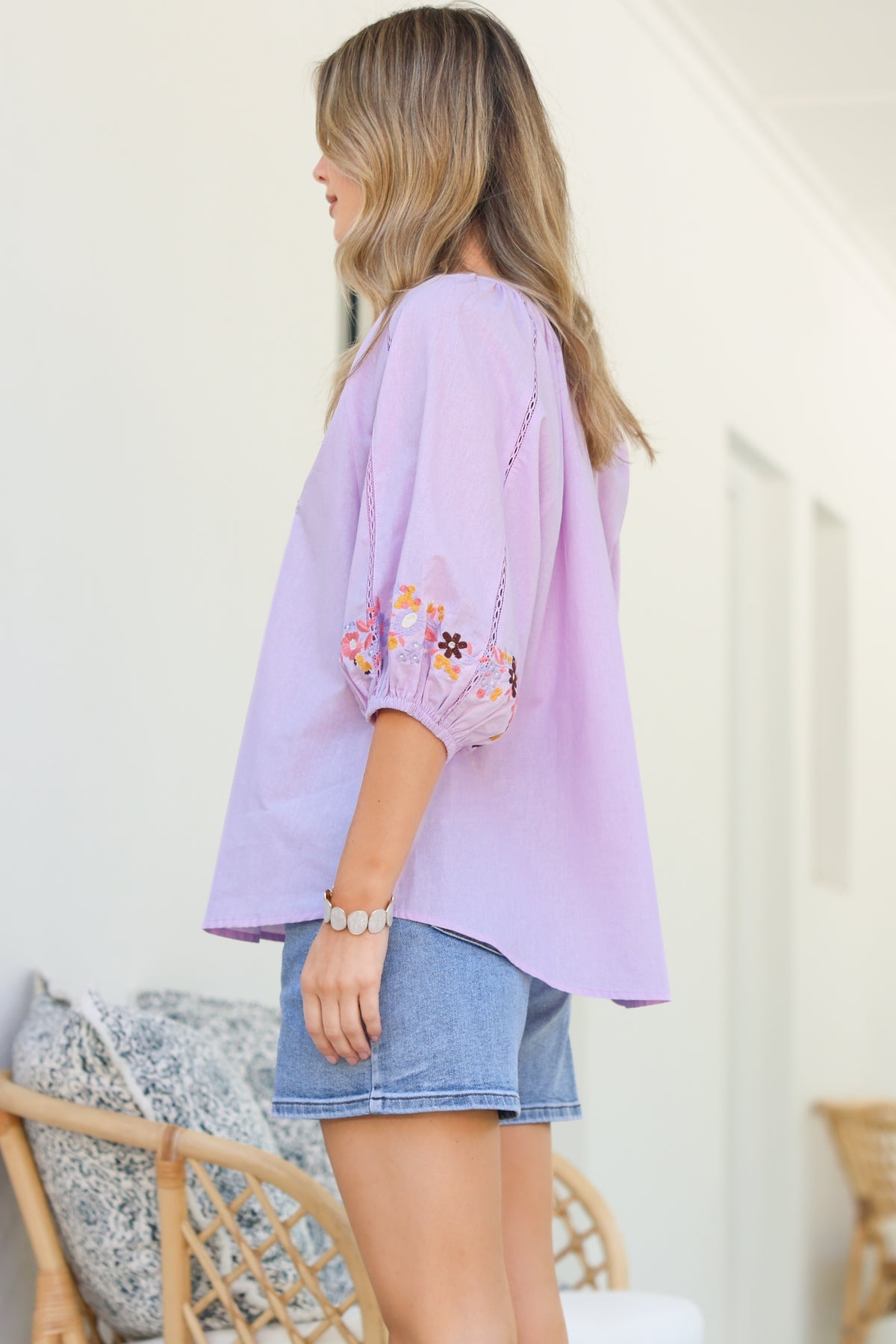 Margerie Top - Floral Embroidered Top with 3/4 Sleeves in Lilac