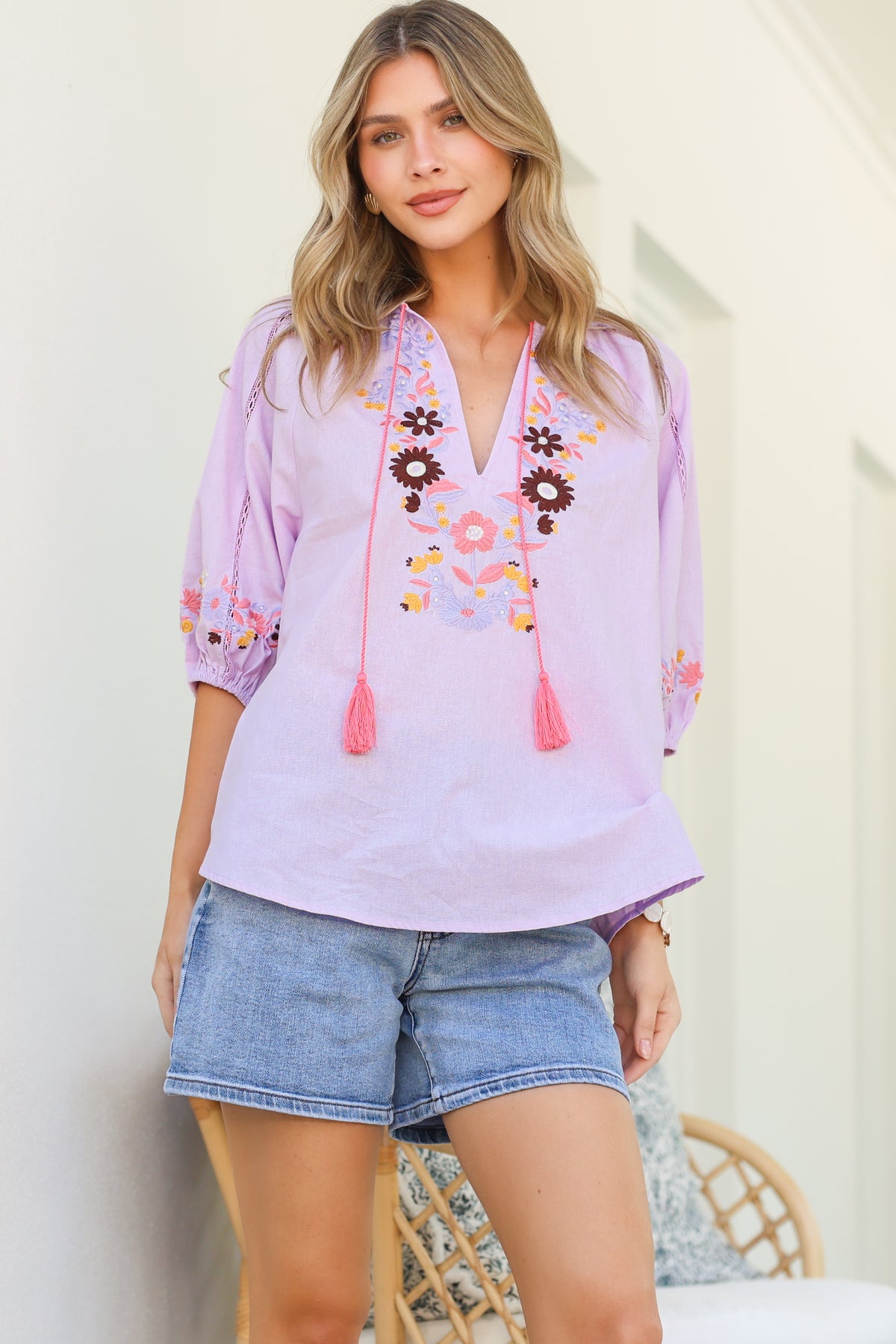 Margerie Top - Floral Embroidered Top with 3/4 Sleeves in Lilac