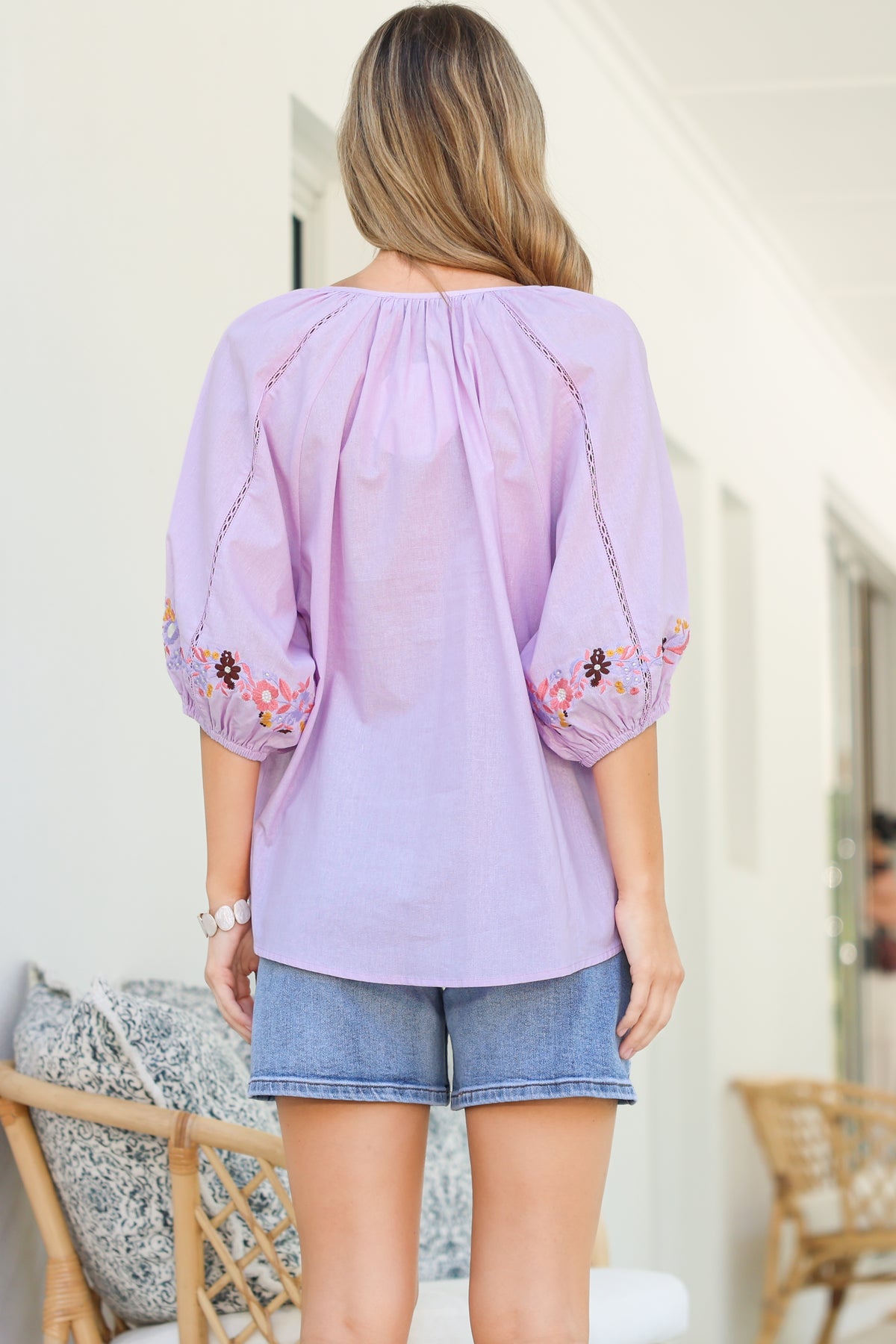 Margerie Top - Floral Embroidered Top with 3/4 Sleeves in Lilac