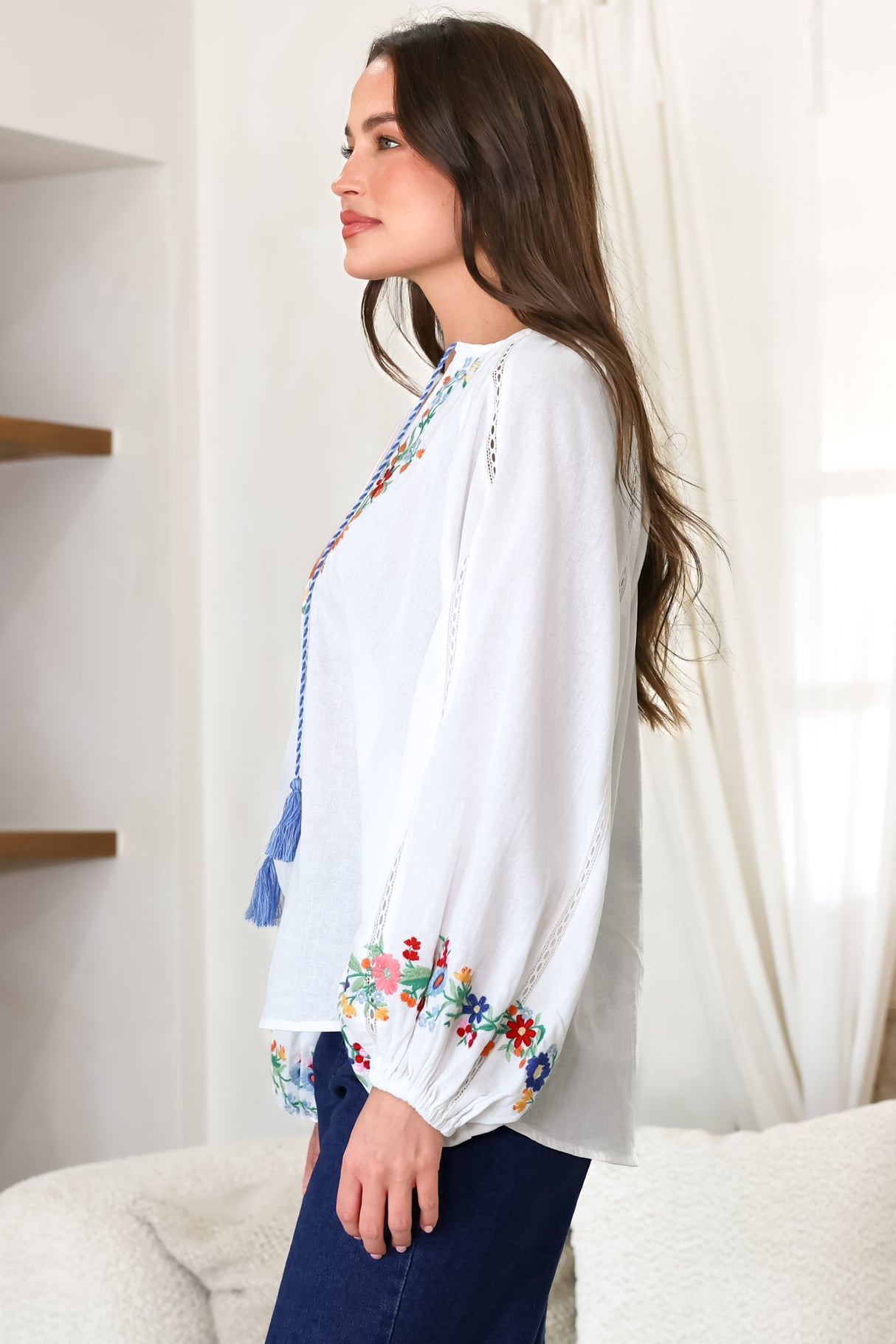 Margerie Top - Floral Embroidered Top with Long Sleeves in White