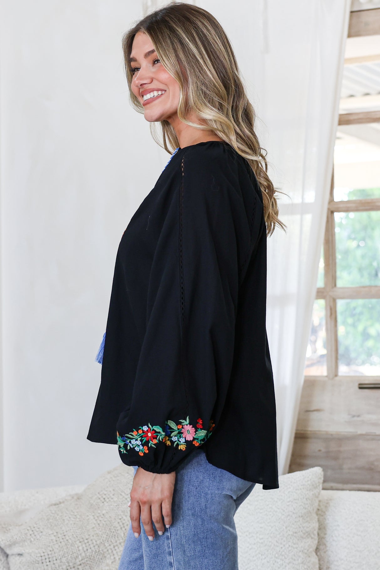 Margerie Top - Floral Embroidered Top with Long Sleeves in Black