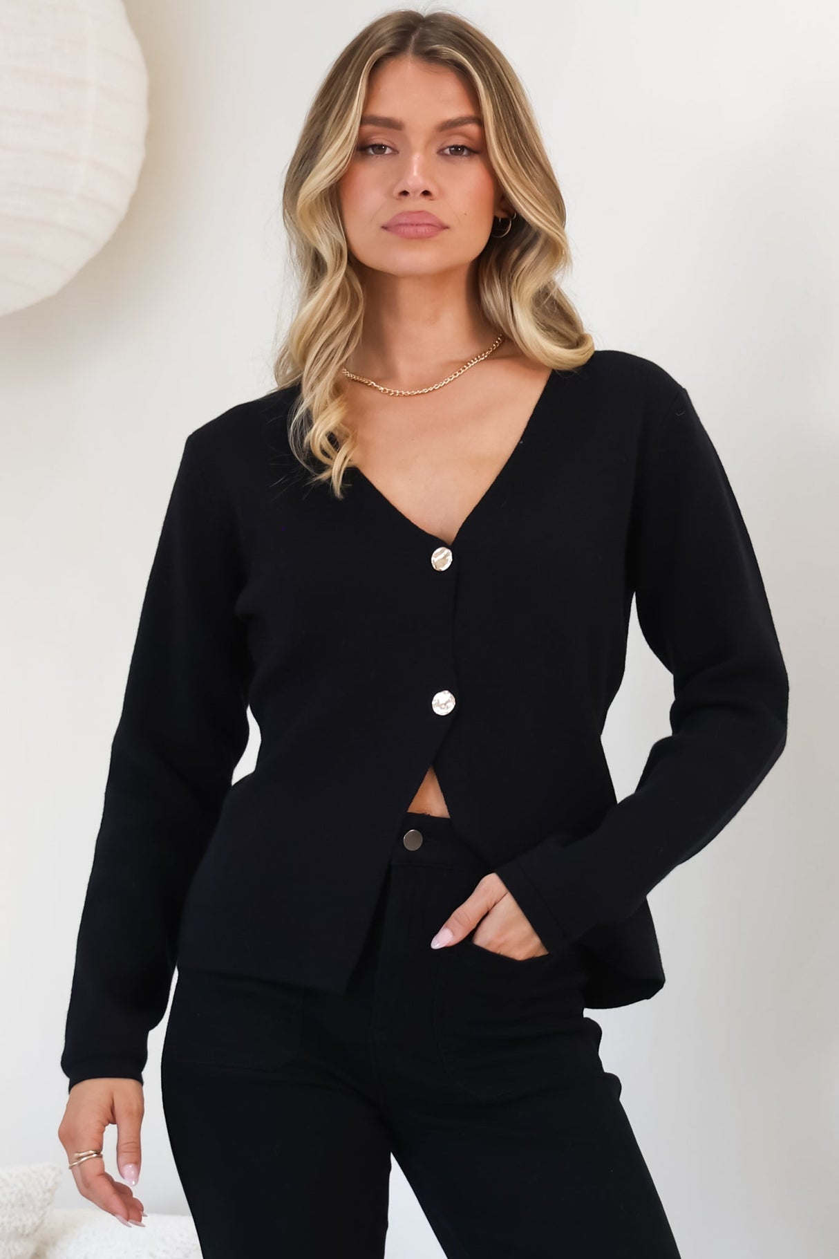 Margot Cardigan - Gold Buttoned Cardigan in Black