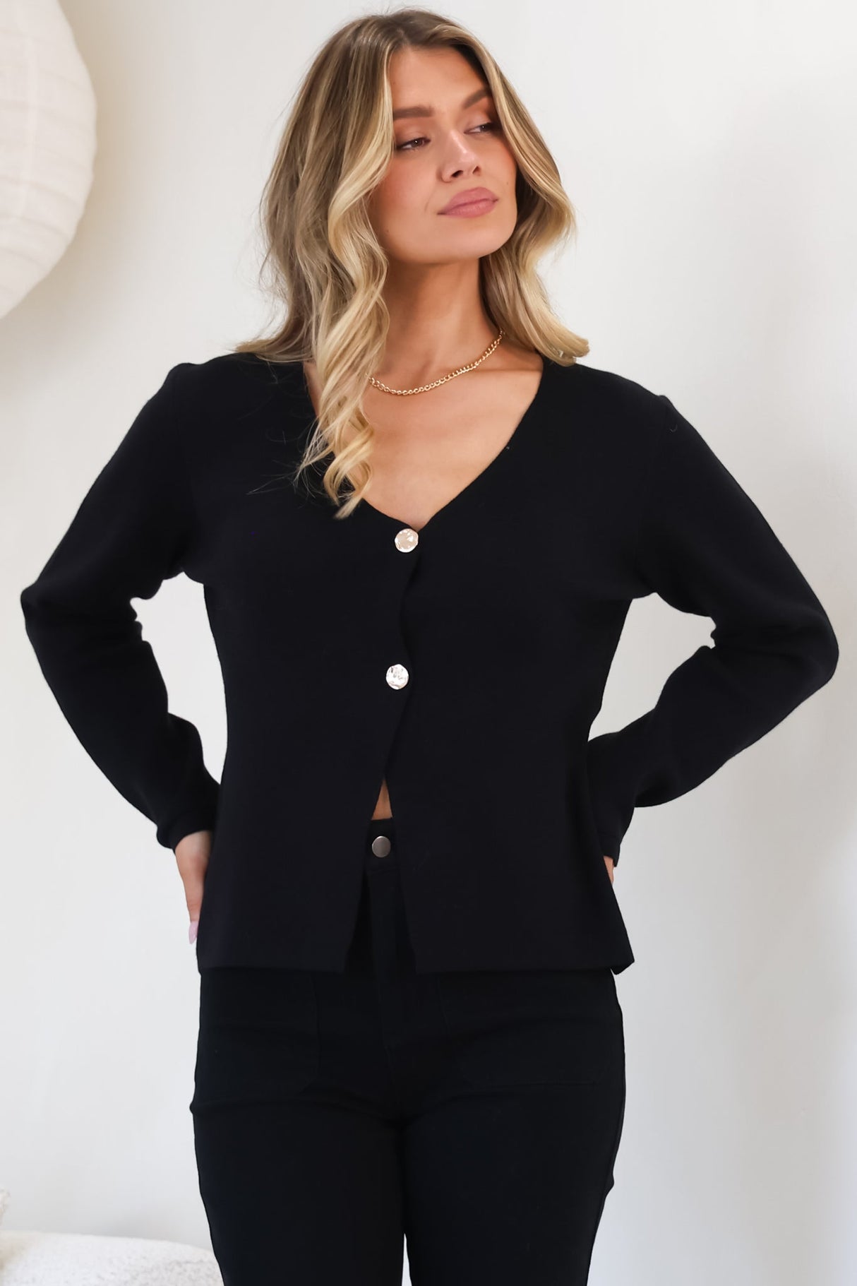 Margot Cardigan - Gold Buttoned Cardigan in Black