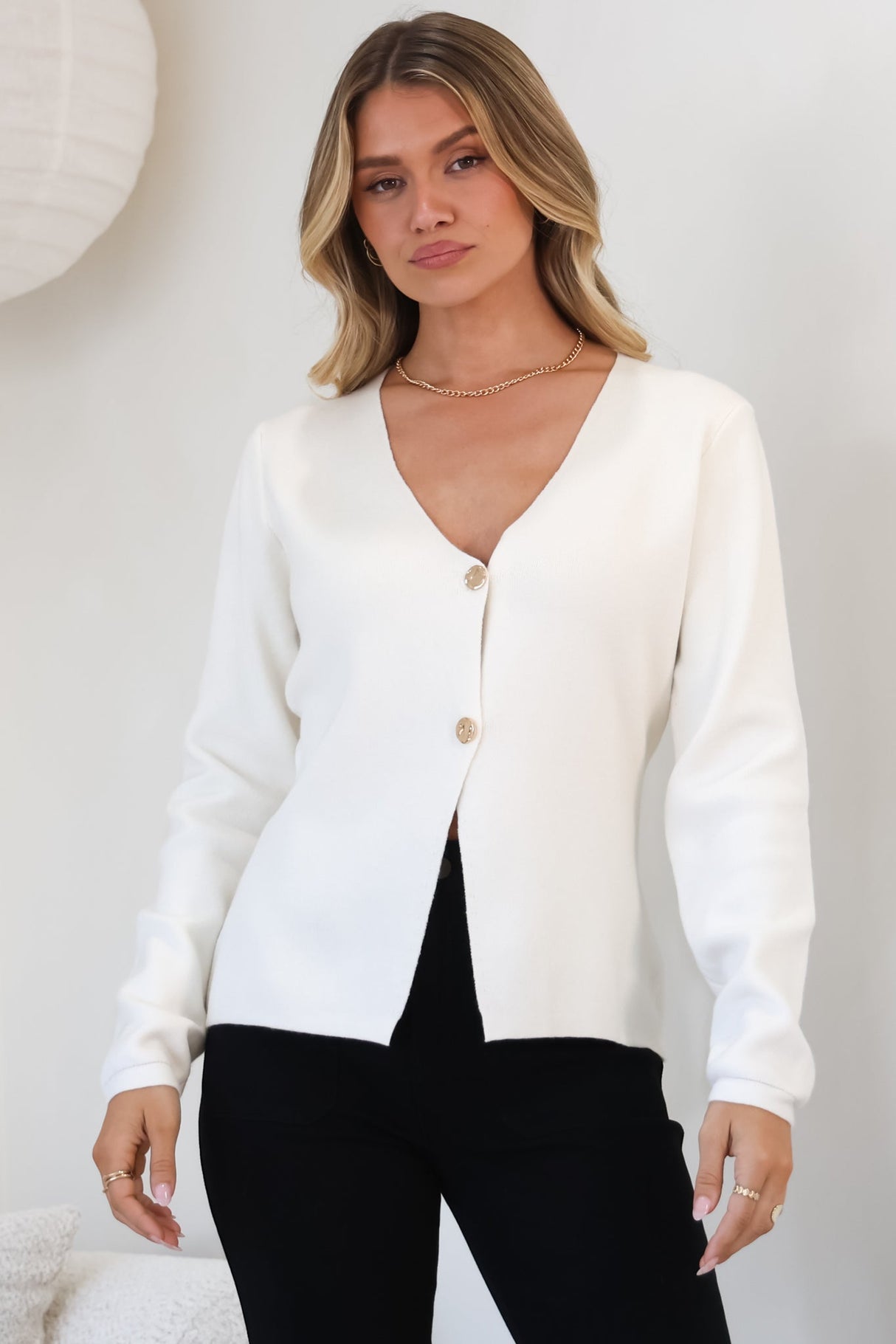 Margot Cardigan - Gold Buttoned Cardigan in Cream