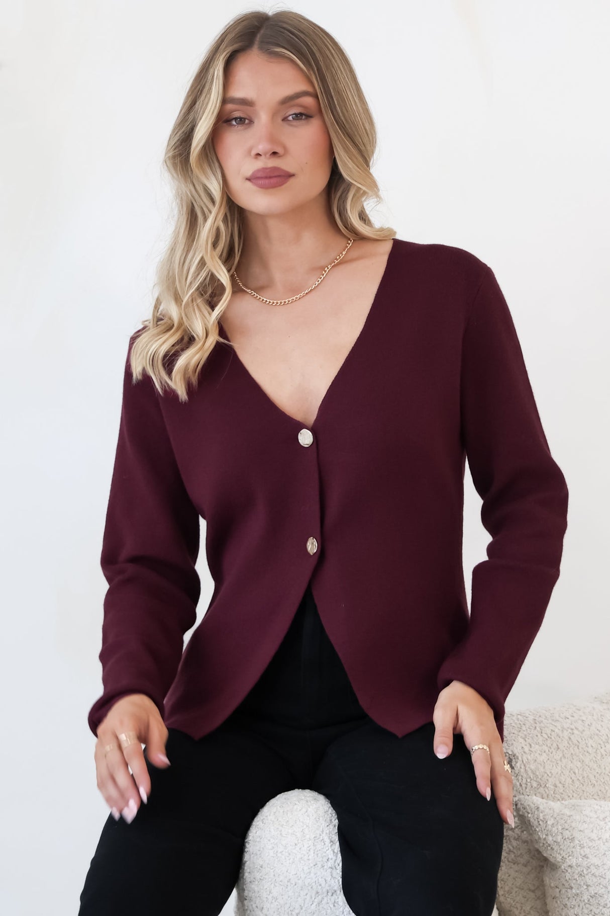 Margot Cardigan - Gold Buttoned Cardigan in Wine