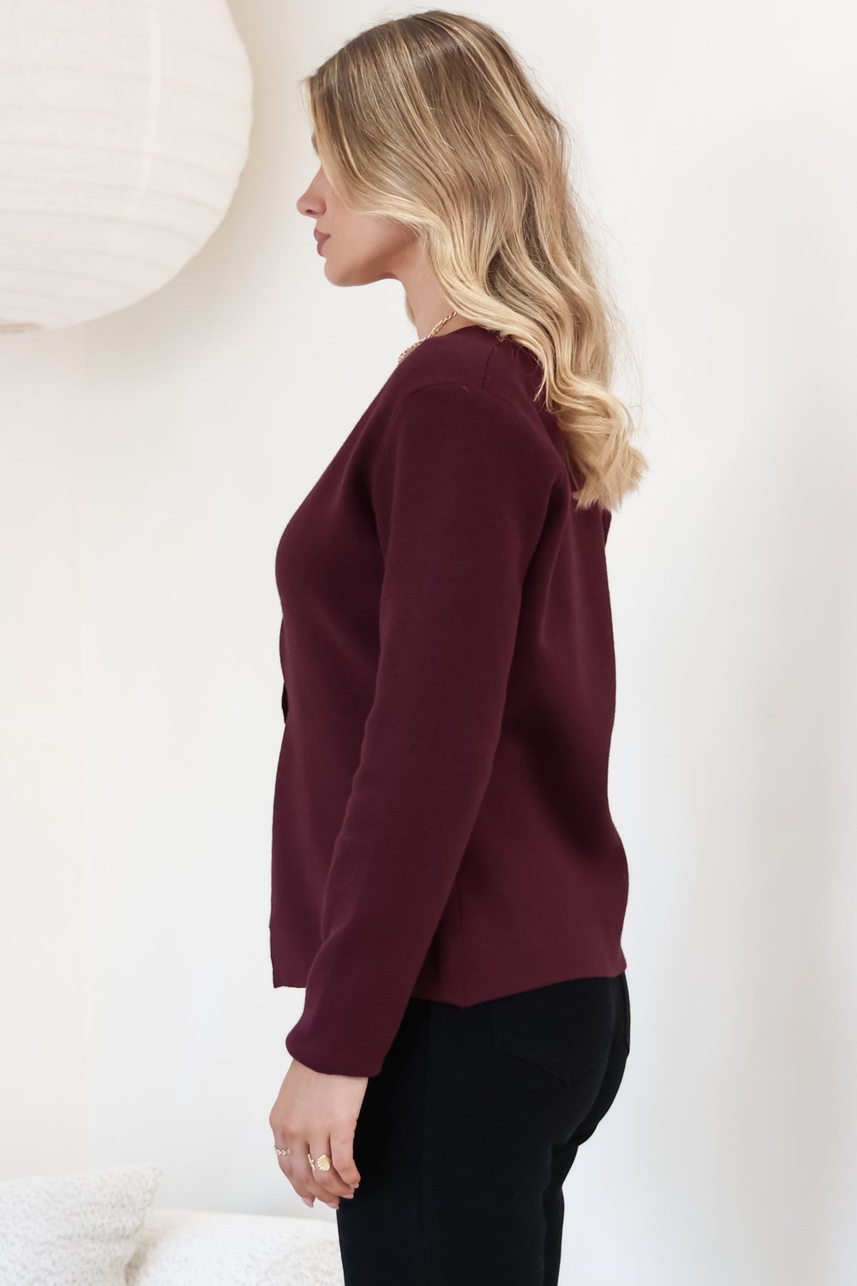 Margot Cardigan - Gold Buttoned Cardigan in Wine