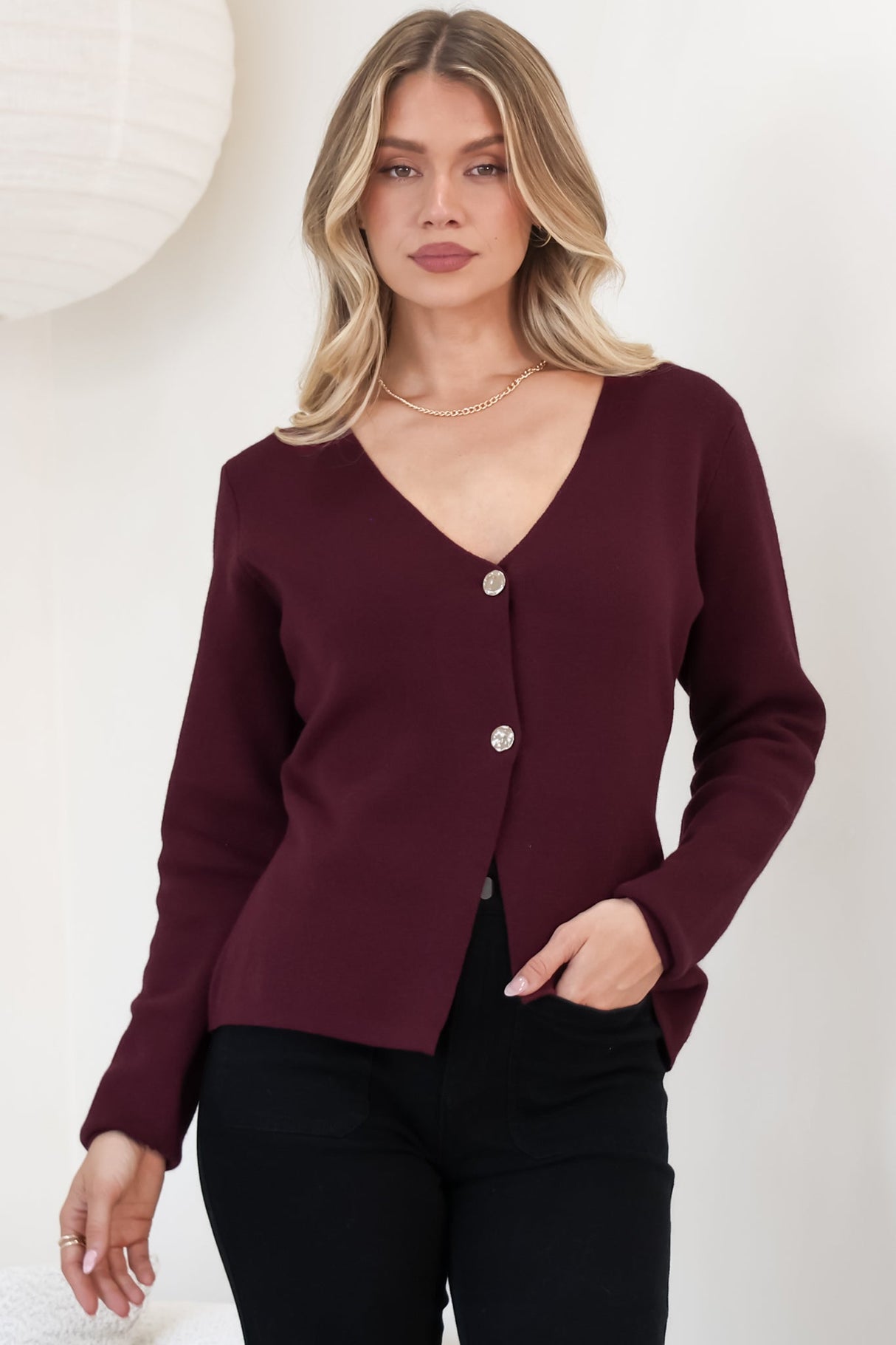 Margot Cardigan - Gold Buttoned Cardigan in Wine
