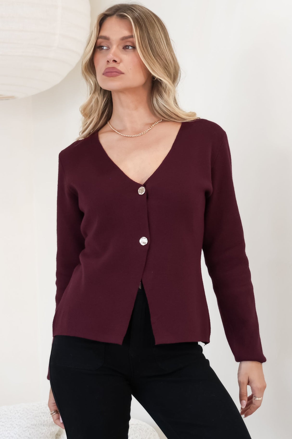 Margot Cardigan - Gold Buttoned Cardigan in Wine