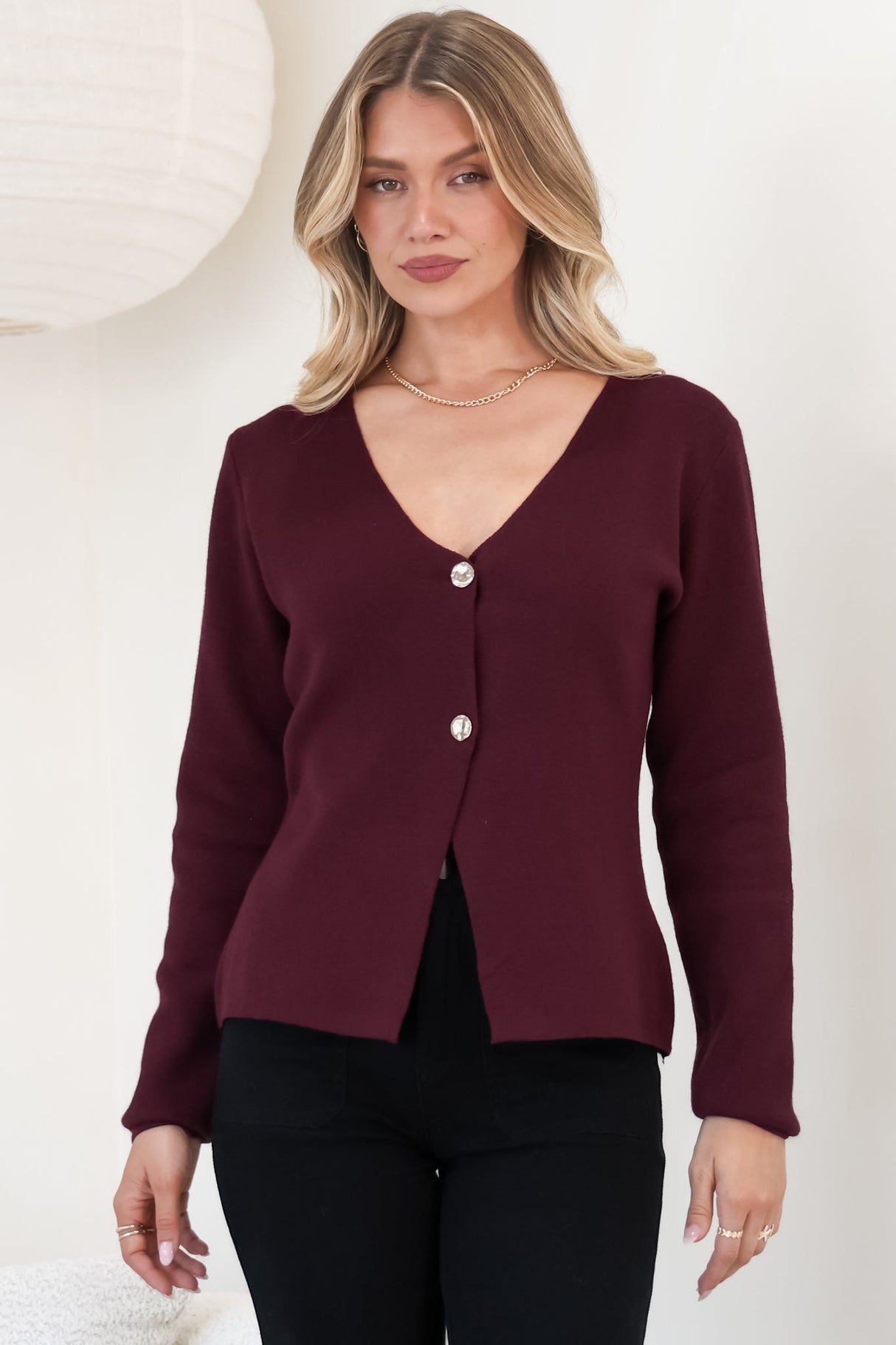 Margot Cardigan - Gold Buttoned Cardigan in Wine