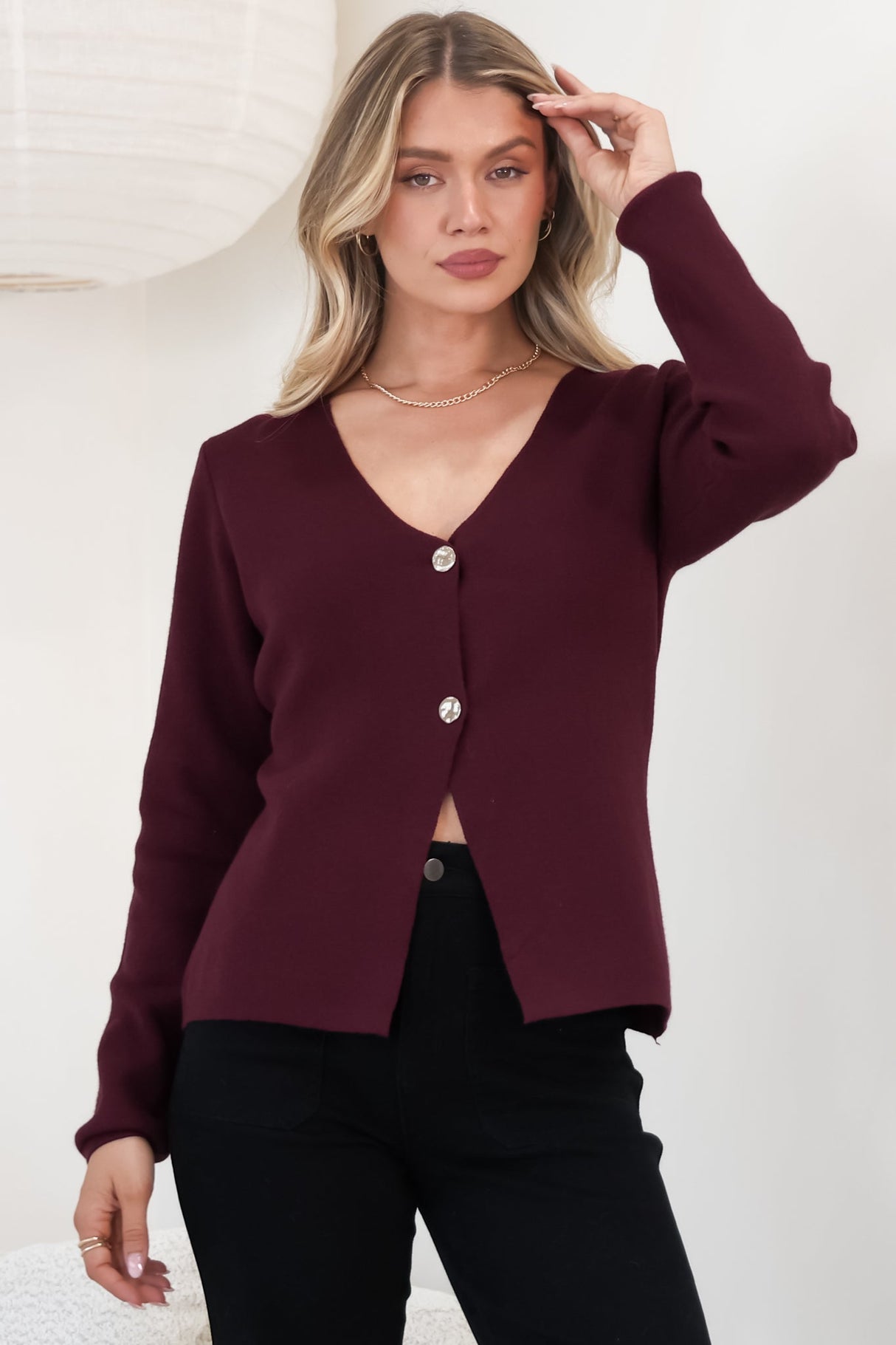 Margot Cardigan - Gold Buttoned Cardigan in Wine