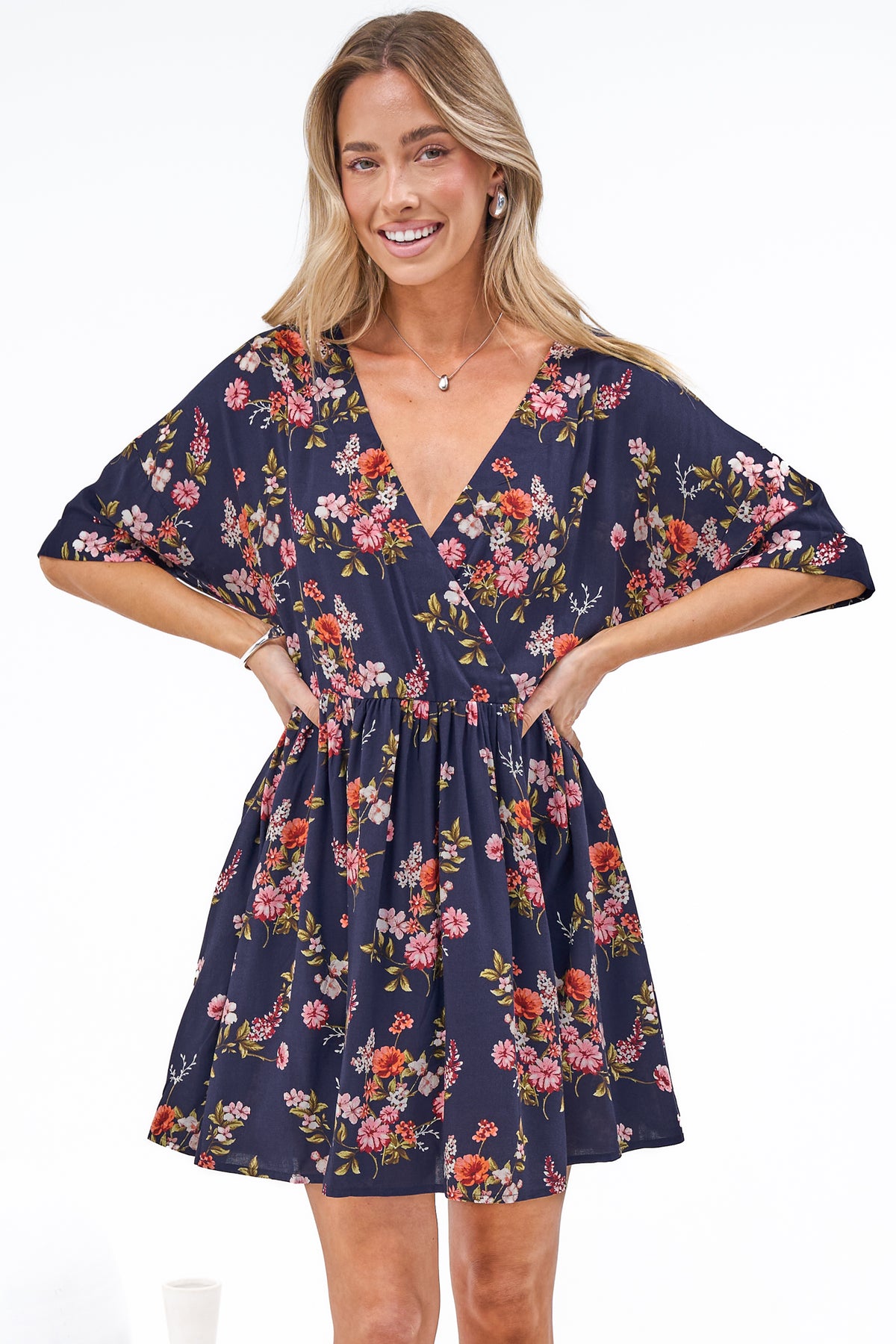 Margot Mini Dress - V Neck Short Sleeves Mini Dress in Rosalune Print