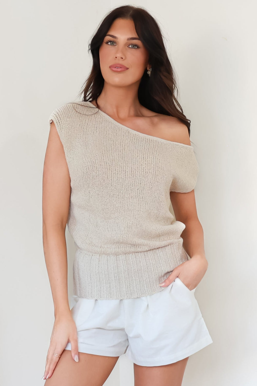 Mariah Knit Top - Sleeveless Asymmetric Neckline Top with Ribbed Hem in Oat