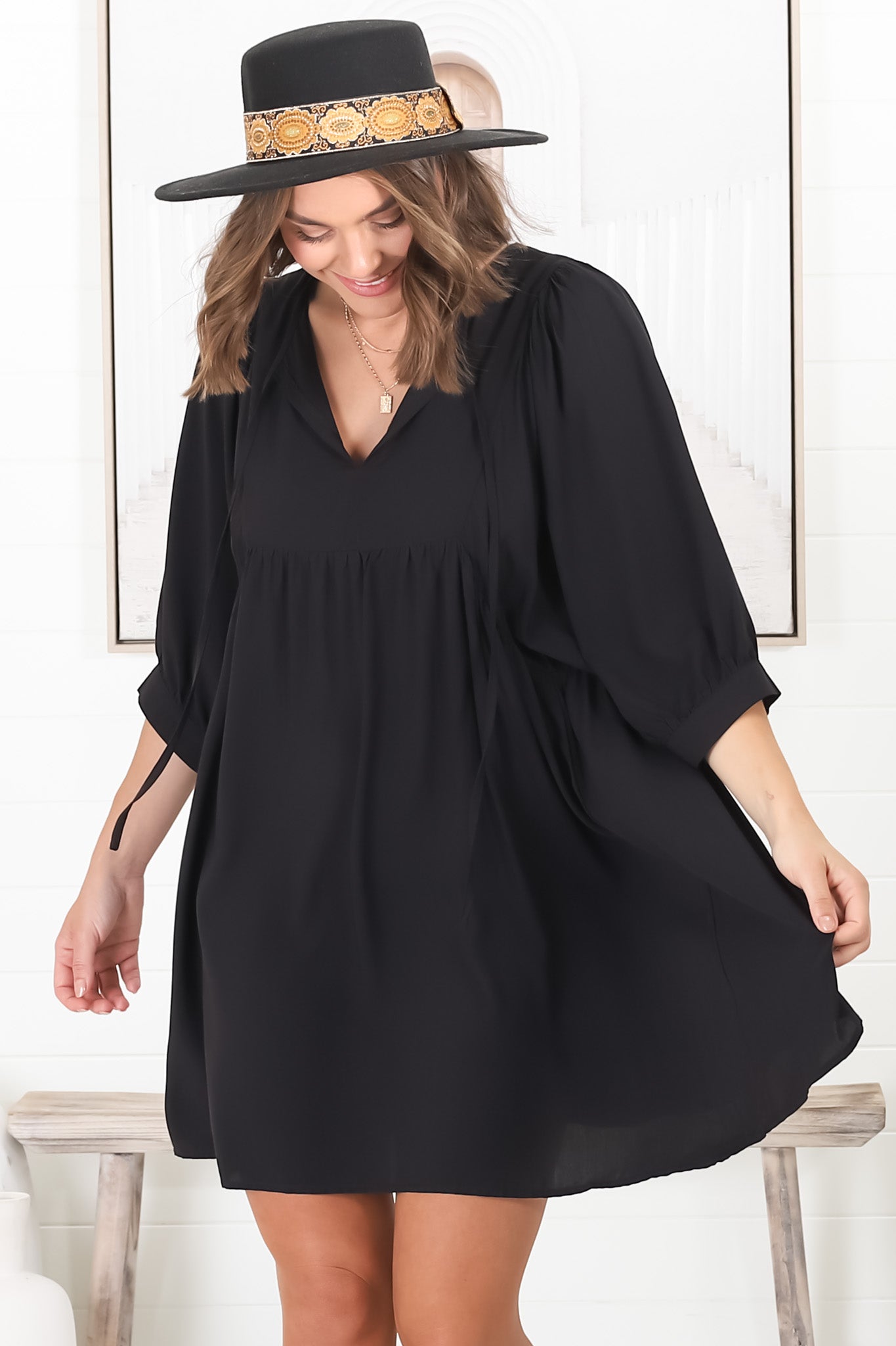 Mariah Mini Dress - V Neck Smock Dress with Batwing Sleeves in Black