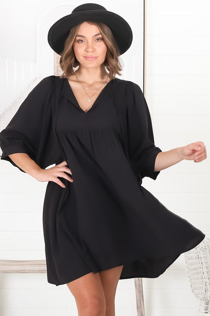 Mariah Mini Dress - V Neck Smock Dress with Batwing Sleeves in Black
