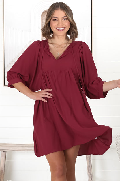 Mariah Mini Dress - V Neck Smock Dress with Batwing Sleeves in Dark Red