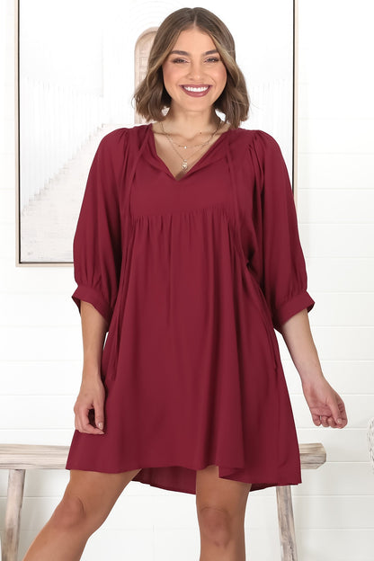Mariah Mini Dress - V Neck Smock Dress with Batwing Sleeves in Dark Red