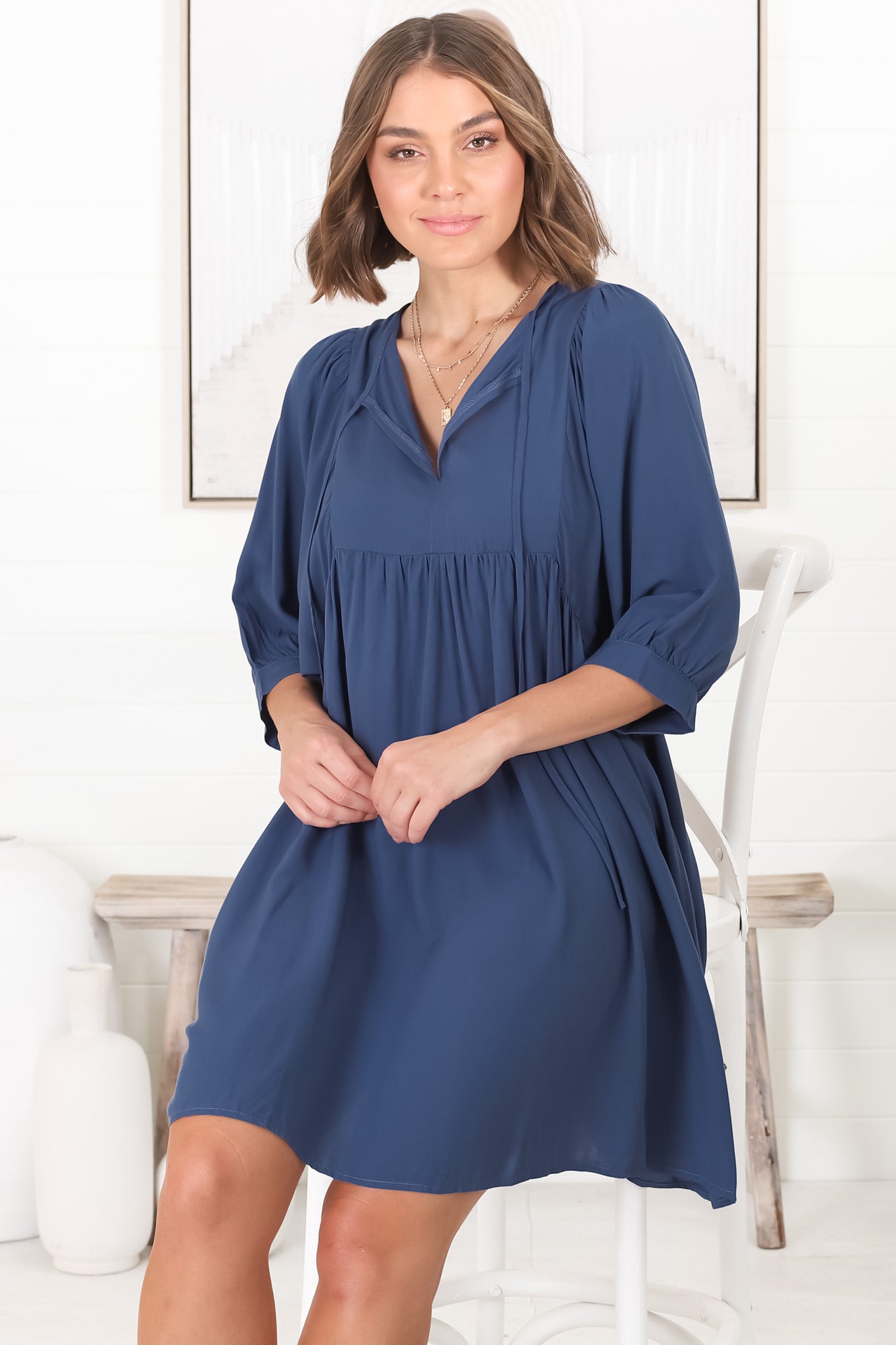 Mariah Mini Dress - V Neck Smock Dress with Batwing Sleeves in Navy