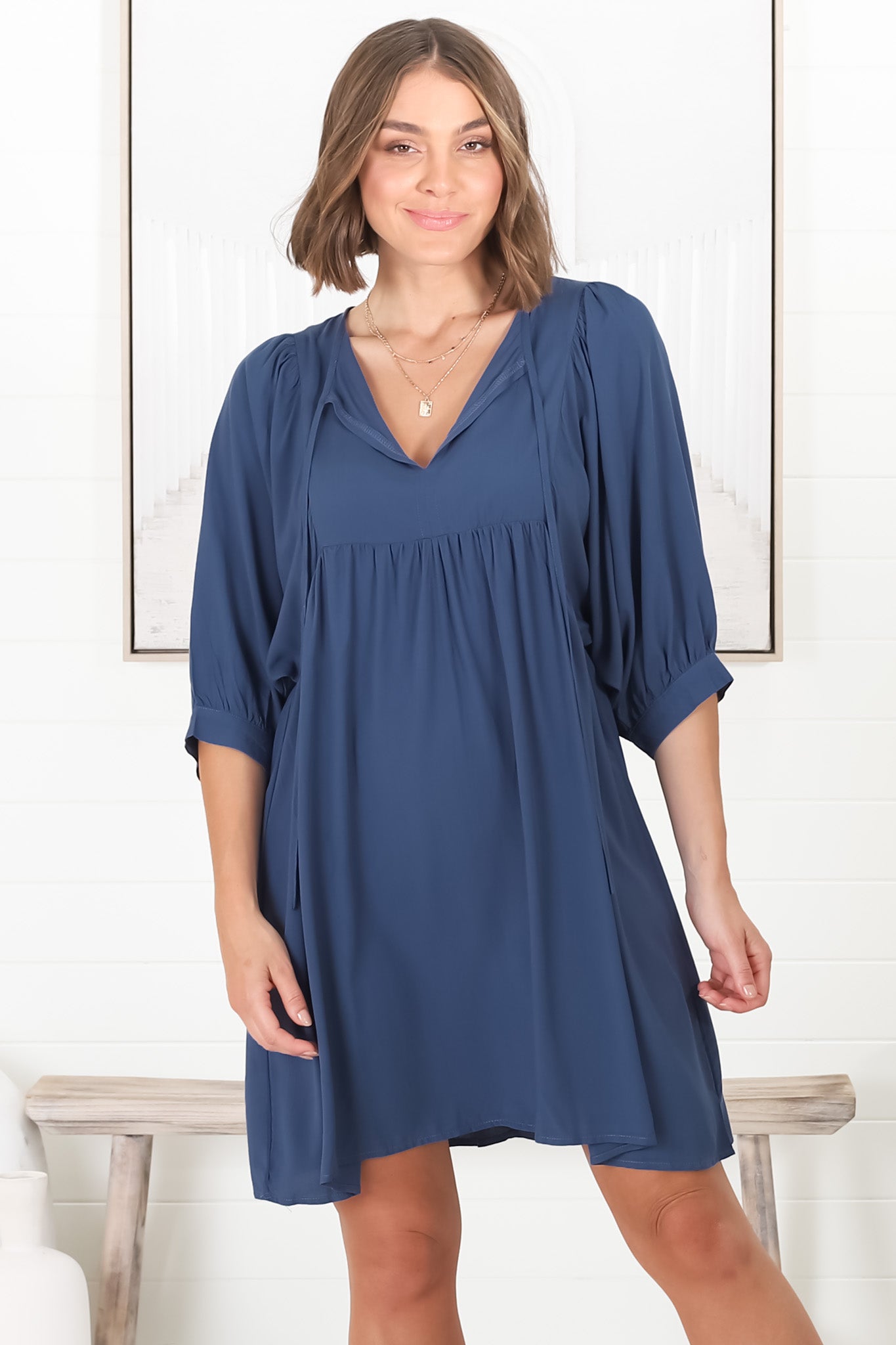 Mariah Mini Dress - V Neck Smock Dress with Batwing Sleeves in Navy