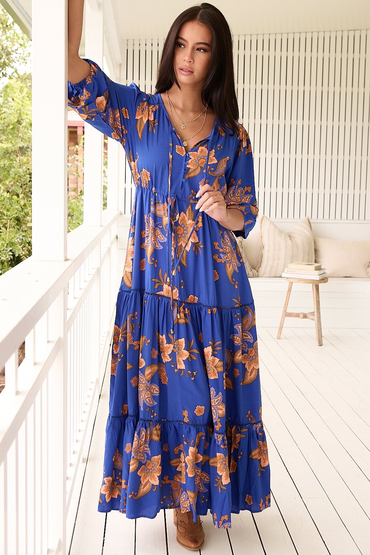 Mariana Maxi Dress - V Neck Pull Tie Waist Tiered Dress in Maribella Print