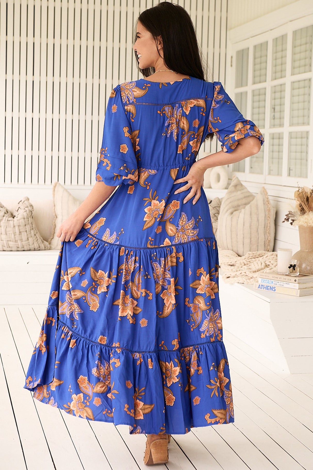 Mariana Maxi Dress - V Neck Pull Tie Waist Tiered Dress in Maribella Print