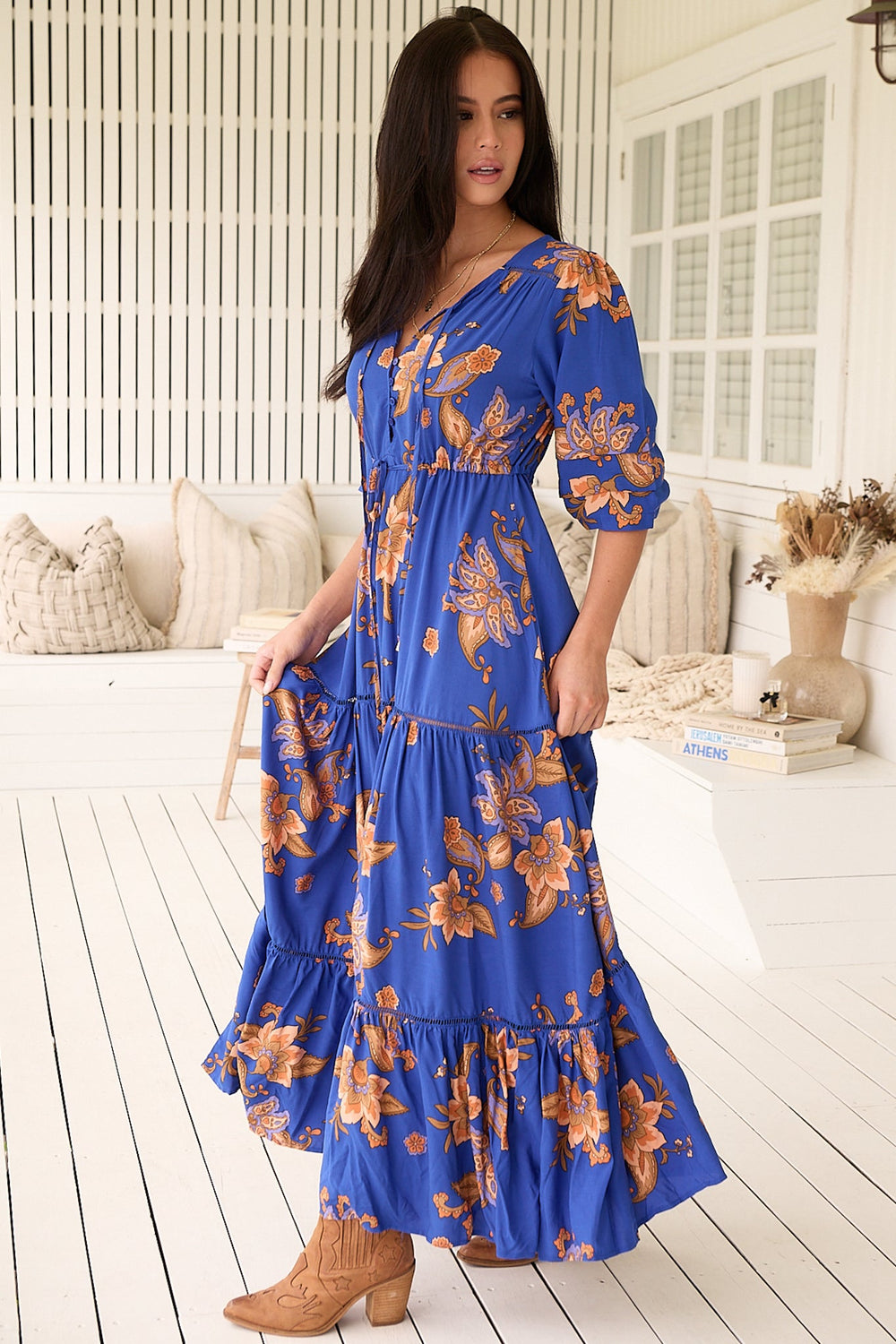Mariana Maxi Dress - V Neck Pull Tie Waist Tiered Dress in Maribella Print