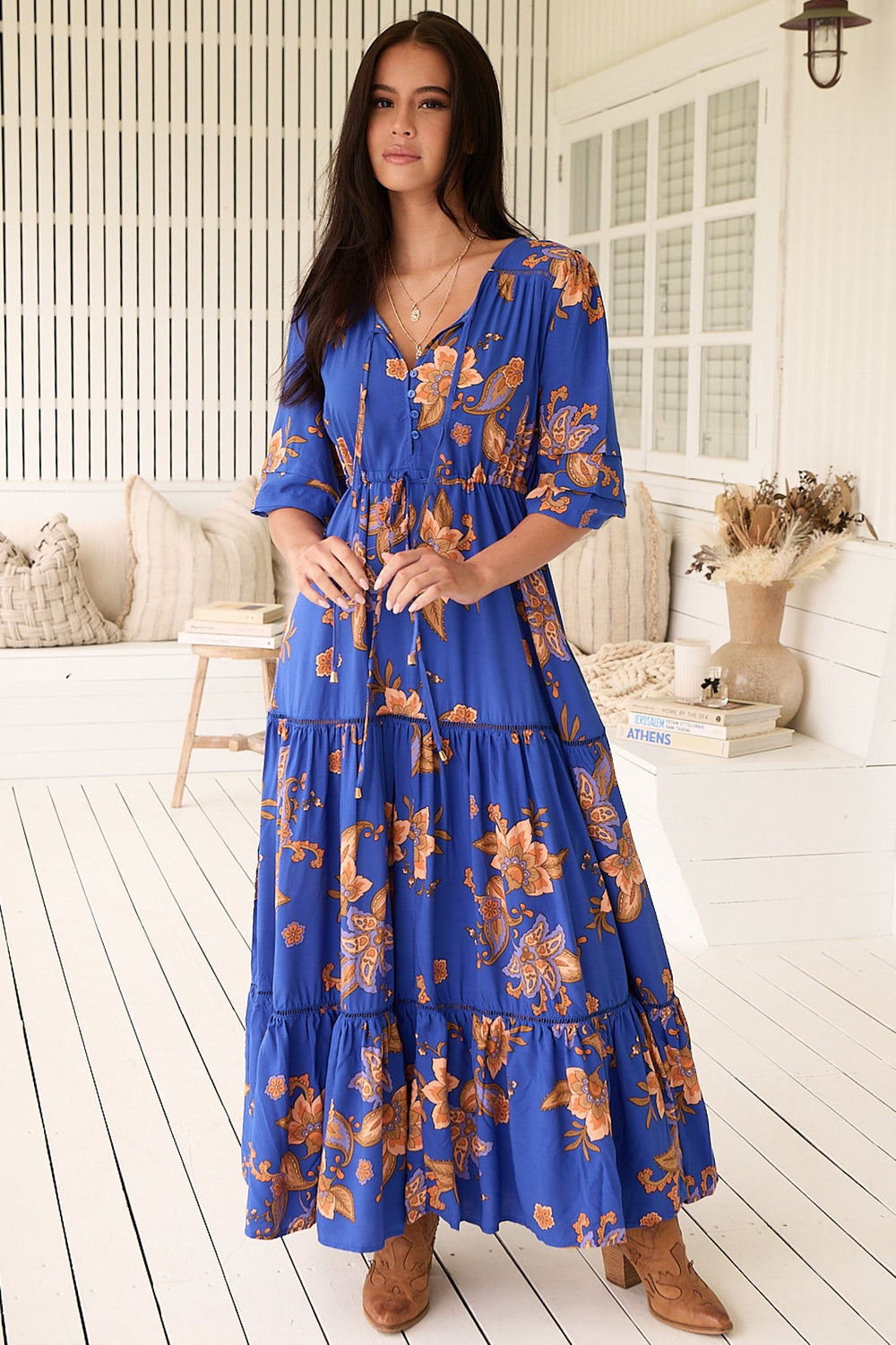 Mariana Maxi Dress - V Neck Pull Tie Waist Tiered Dress in Maribella Print