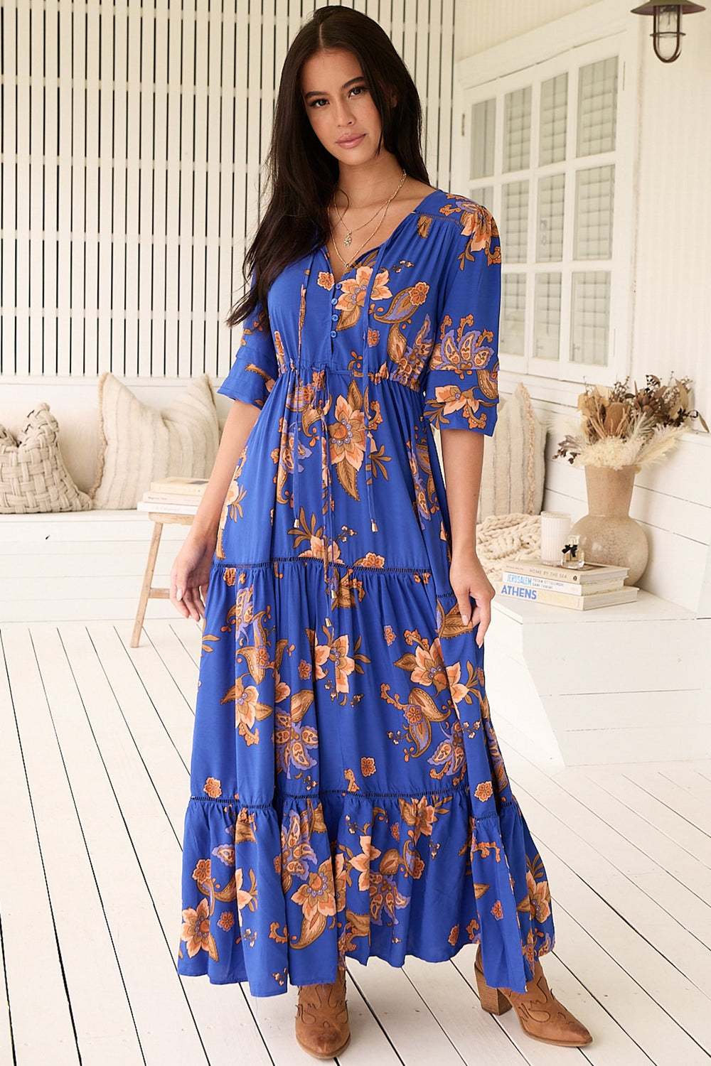 Mariana Maxi Dress - V Neck Pull Tie Waist Tiered Dress in Maribella Print