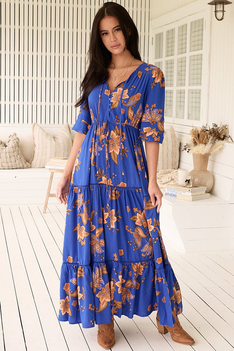 JAASE - Mariana Maxi Dress: V Neck Pull Tie Waist Tiered Dress in Maribella Print
