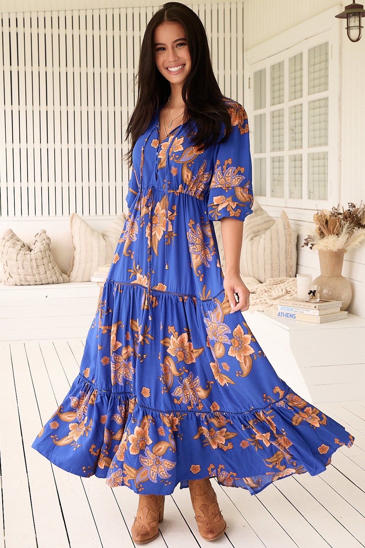 Mariana Maxi Dress - V Neck Pull Tie Waist Tiered Dress in Maribella Print