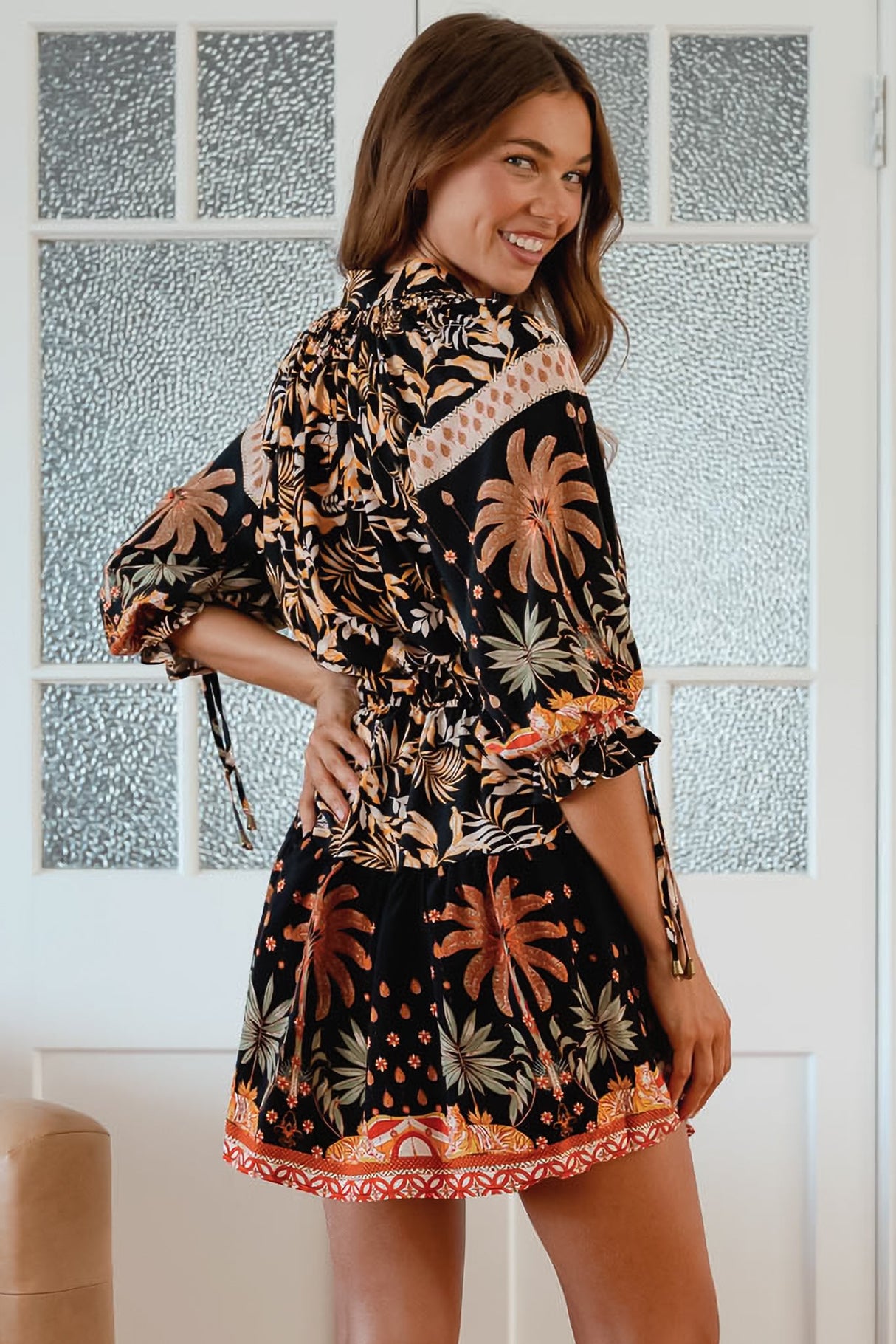 JAASE - Marice Mini Dress: Mandarin Collar V Neck Skater Dress in Jardin Print