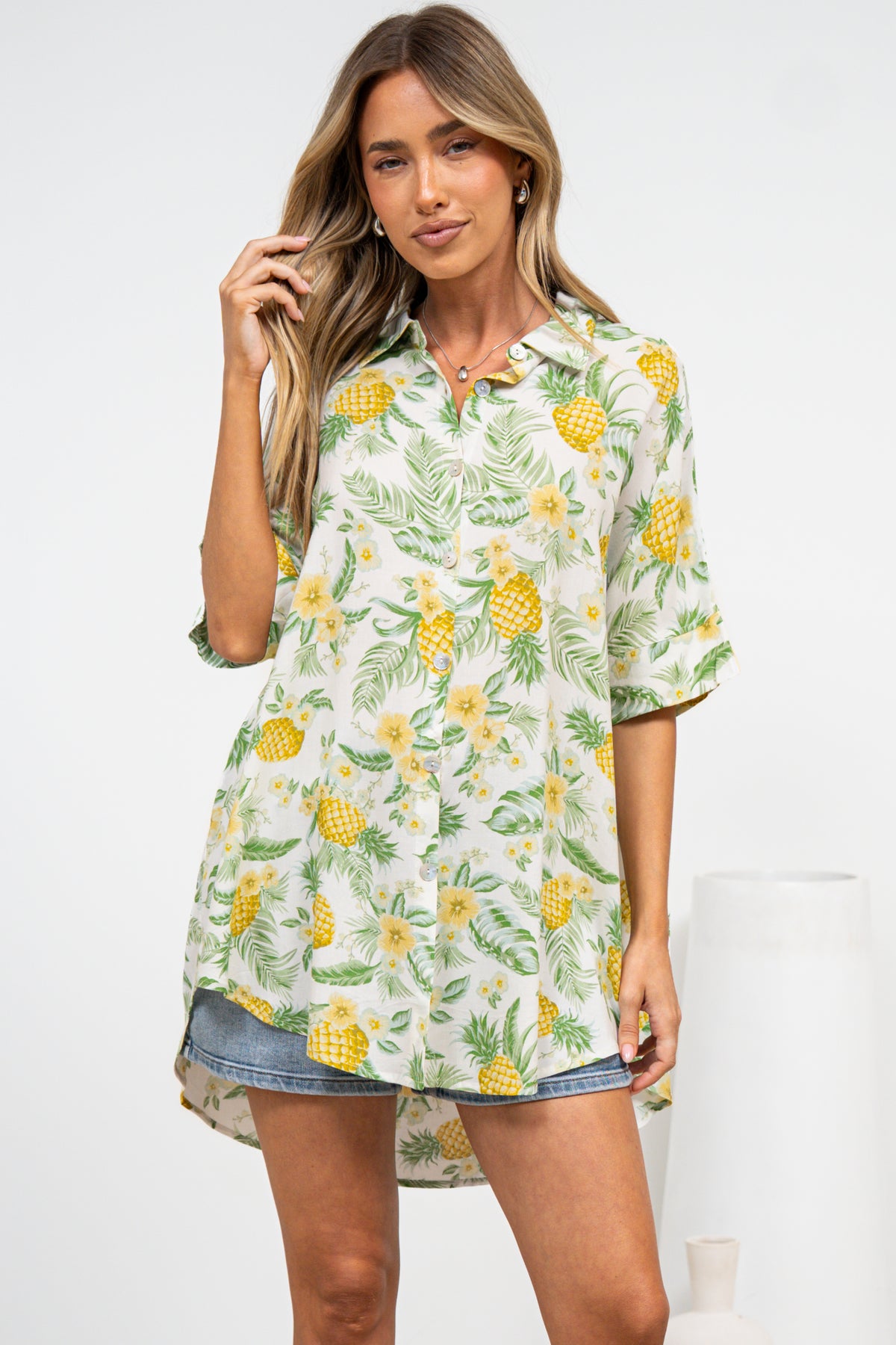 Marilla Shirt - Collared Button Down with High Low Scoop Hem in Anara Print