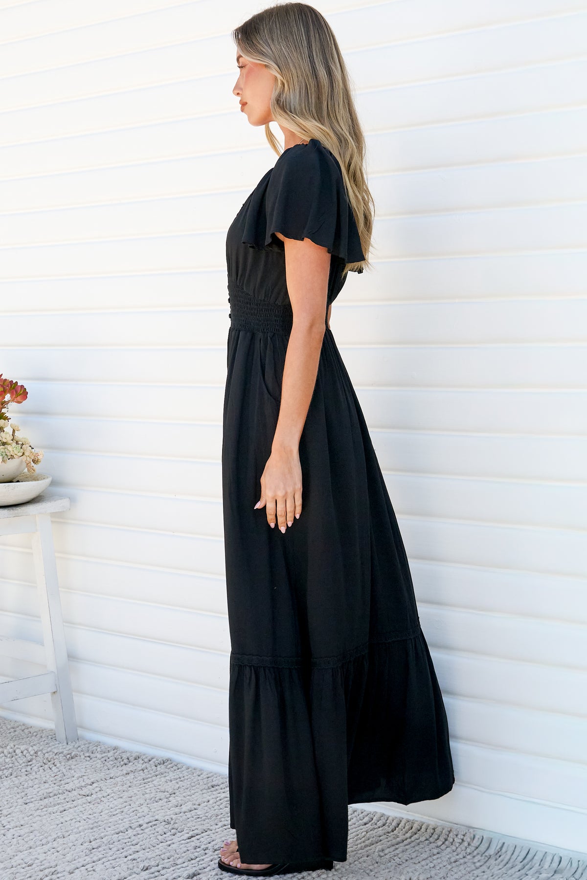 Marilyn Maxi Dress - On or Off Shoulder Button Front Dress with Flutter Sleeves and Pockets in Black