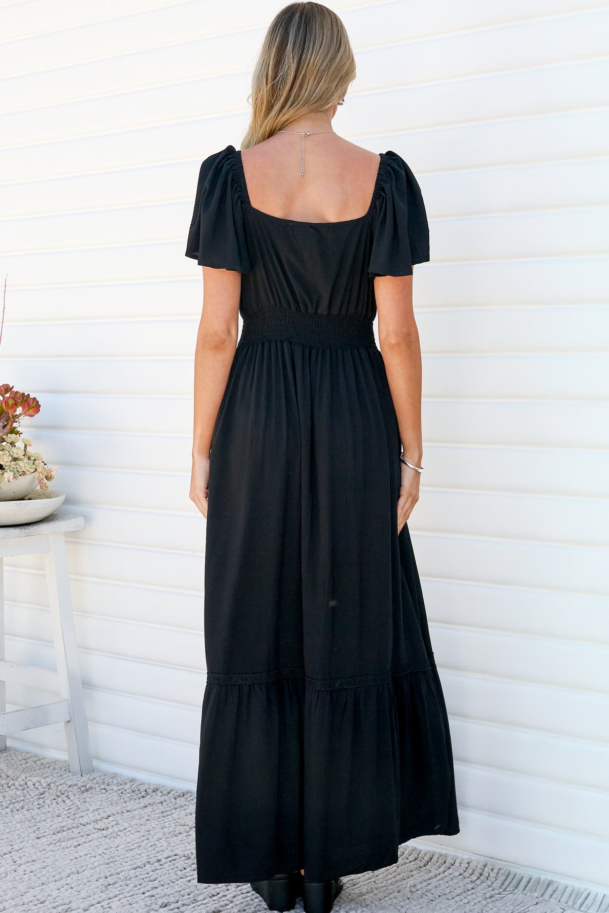 Marilyn Maxi Dress - On or Off Shoulder Button Front Dress with Flutter Sleeves and Pockets in Black