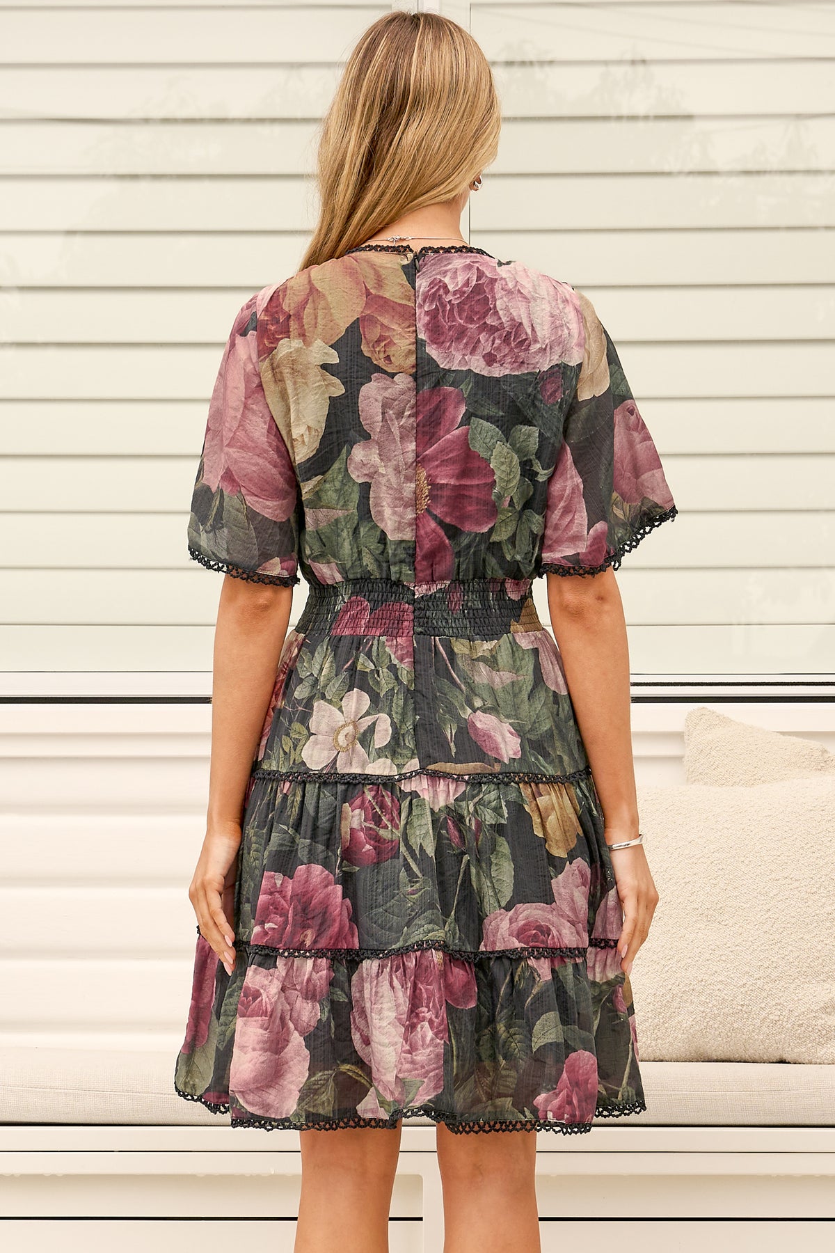 Marion Mini Dress - Lace Trim Tiered Dress with Flutter Sleeves in Annalisa Print
