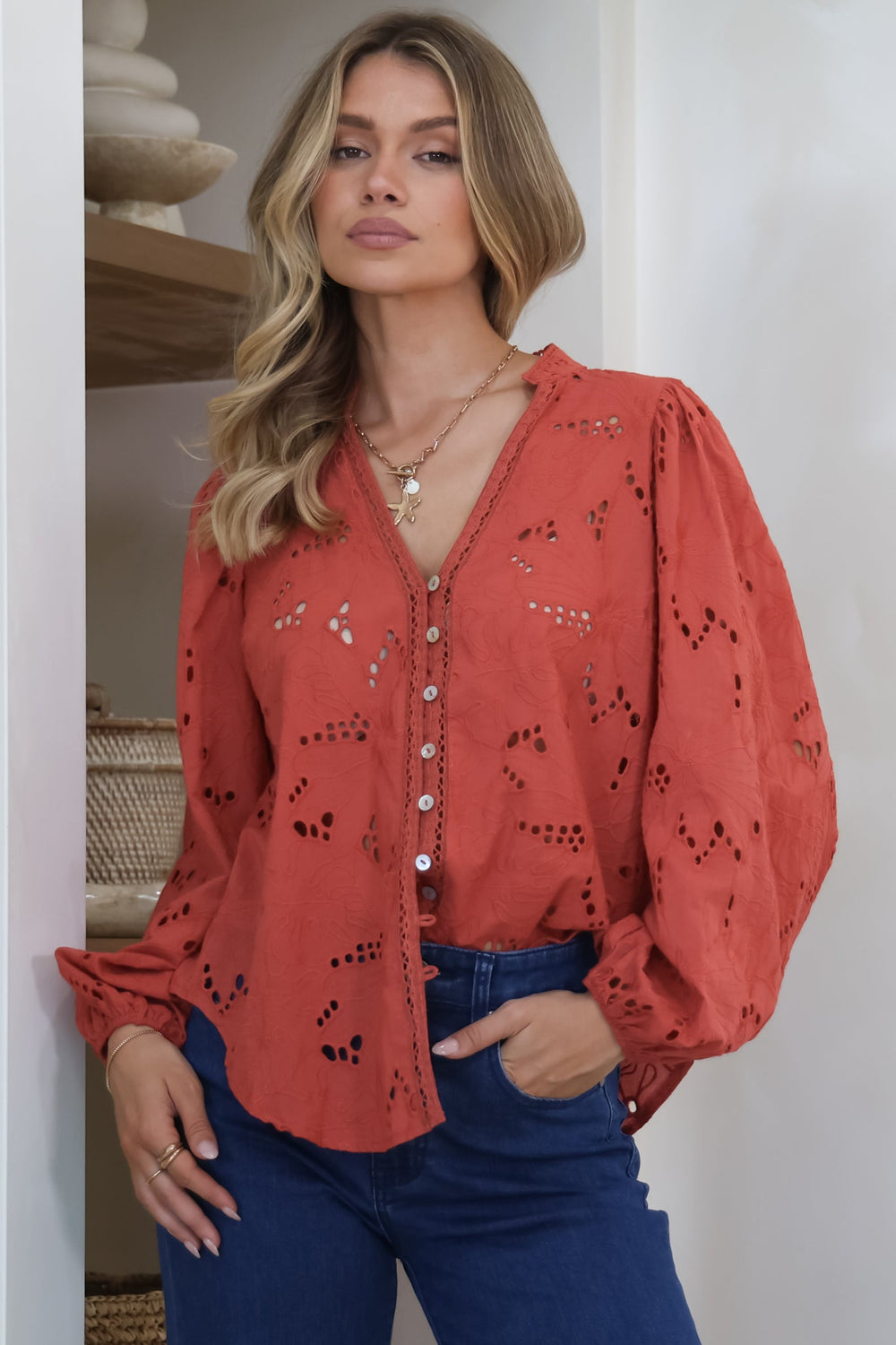 Marise Blouse - Hollow Out Embroidered Button Down Blouse in Rust