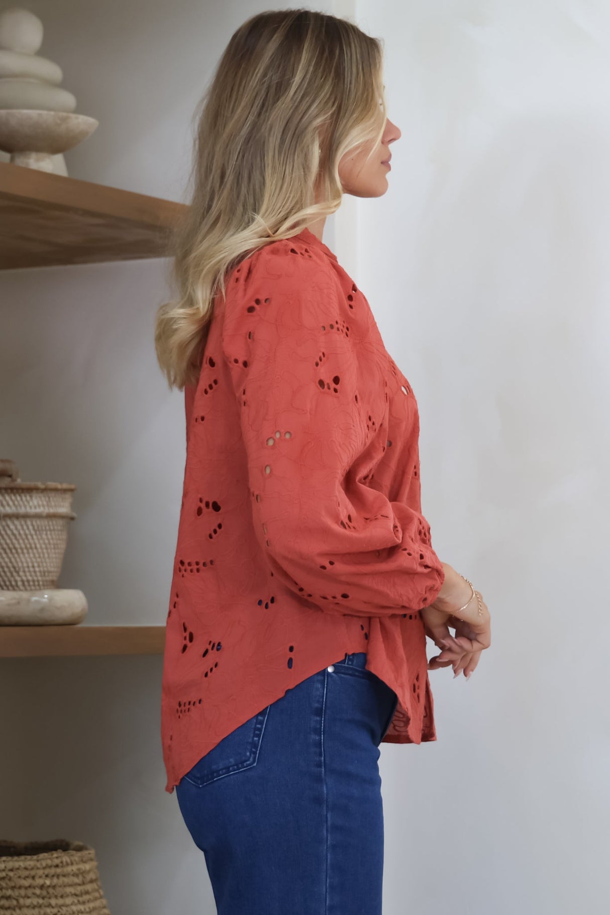 Marise Blouse - Hollow Out Embroidered Button Down Blouse in Rust