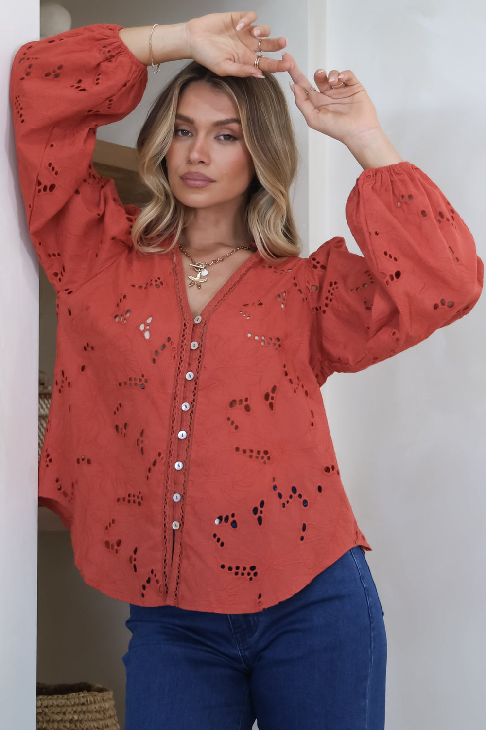 Marise Blouse - Hollow Out Embroidered Button Down Blouse in Rust