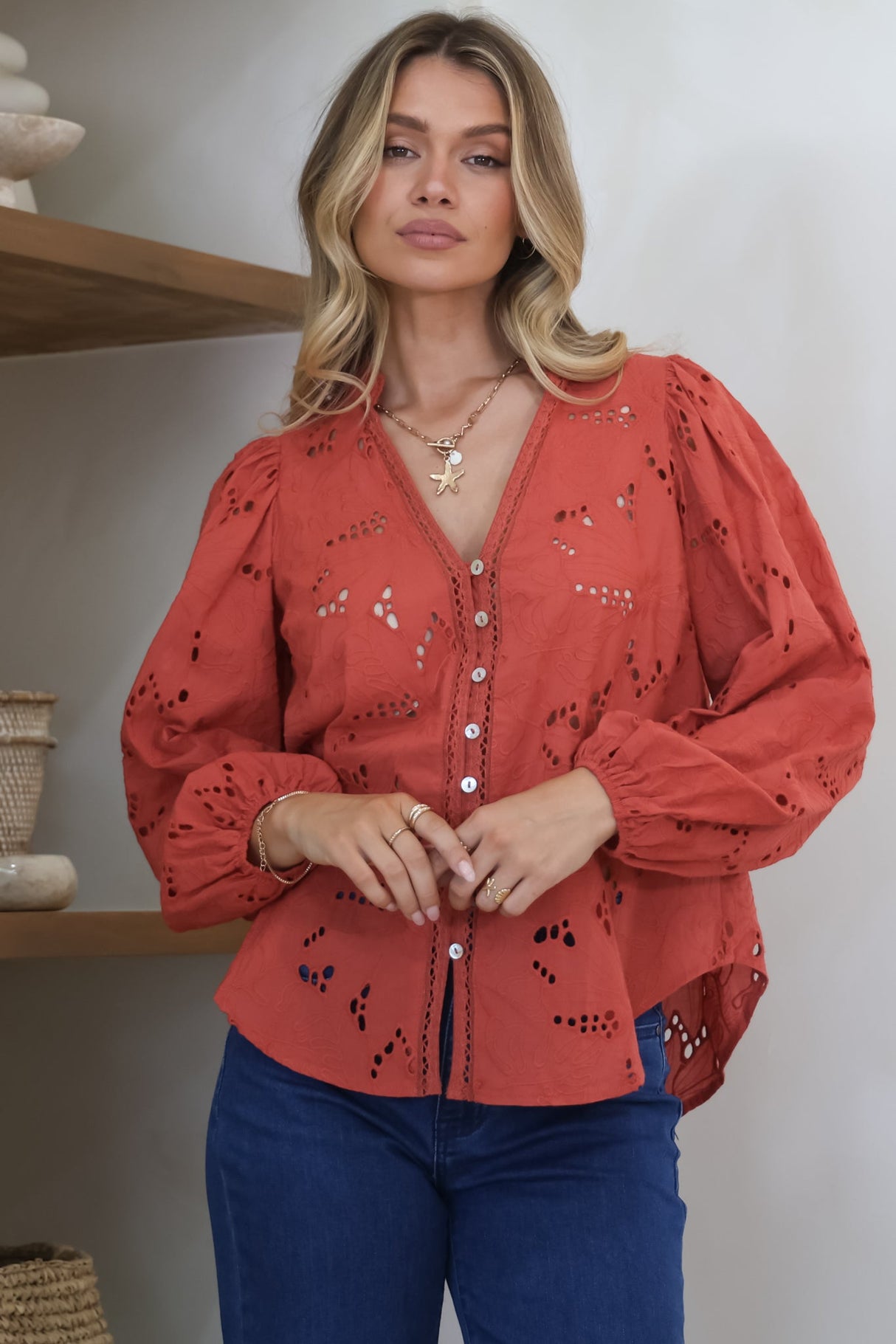 Marise Blouse - Hollow Out Embroidered Button Down Blouse in Rust