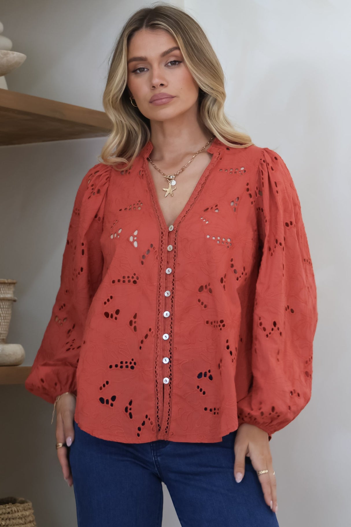 Marise Blouse - Hollow Out Embroidered Button Down Blouse in Rust