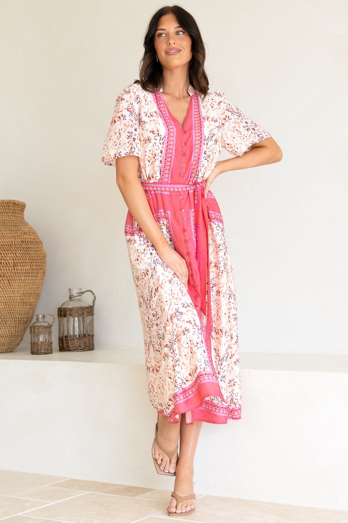 Marissa Midi Dress - Mandarin Collar Button Down Short Sleeve Dress in Thabita Print Pink