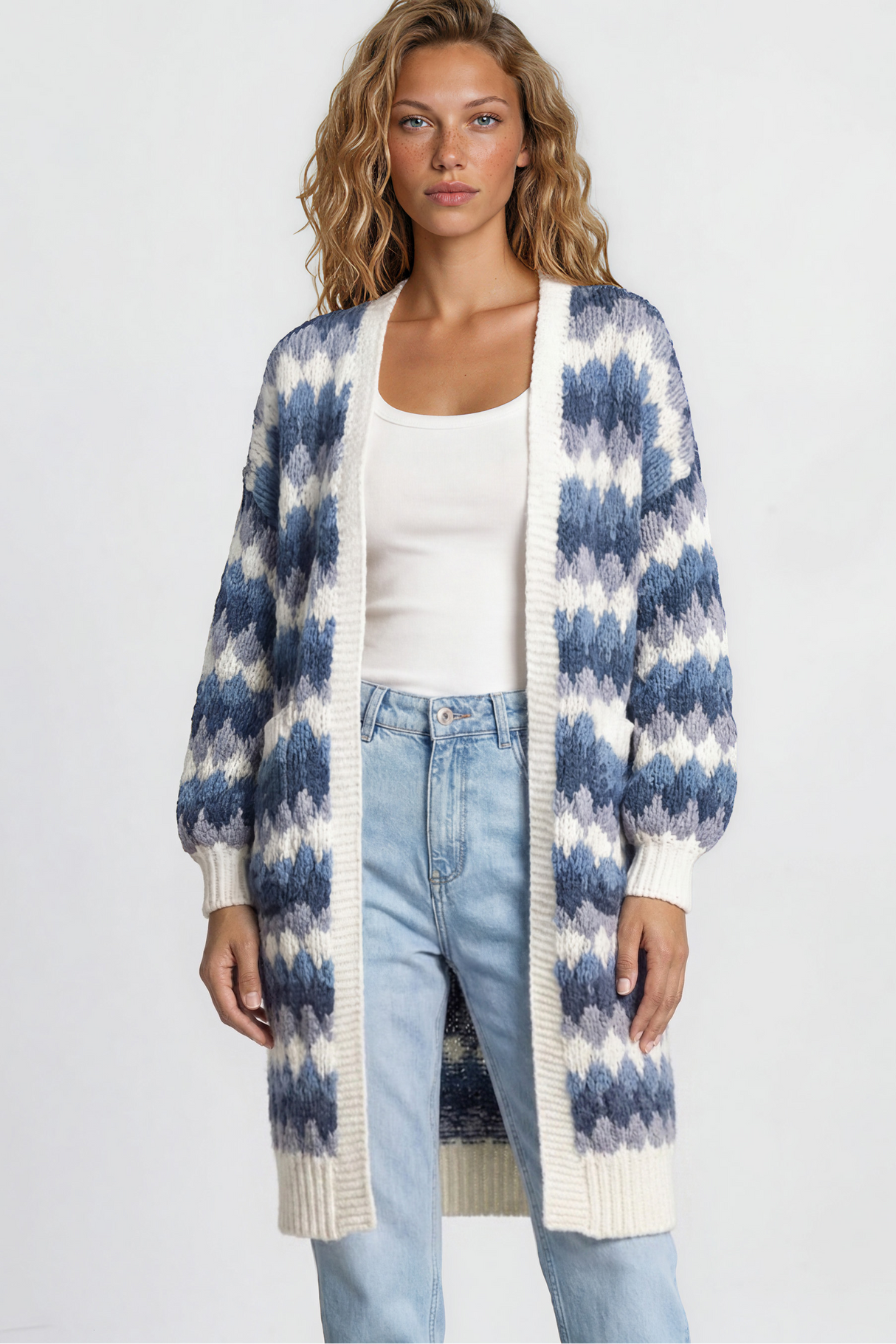 Model wearing Marlie Cardigan in Blue from Salty Crush