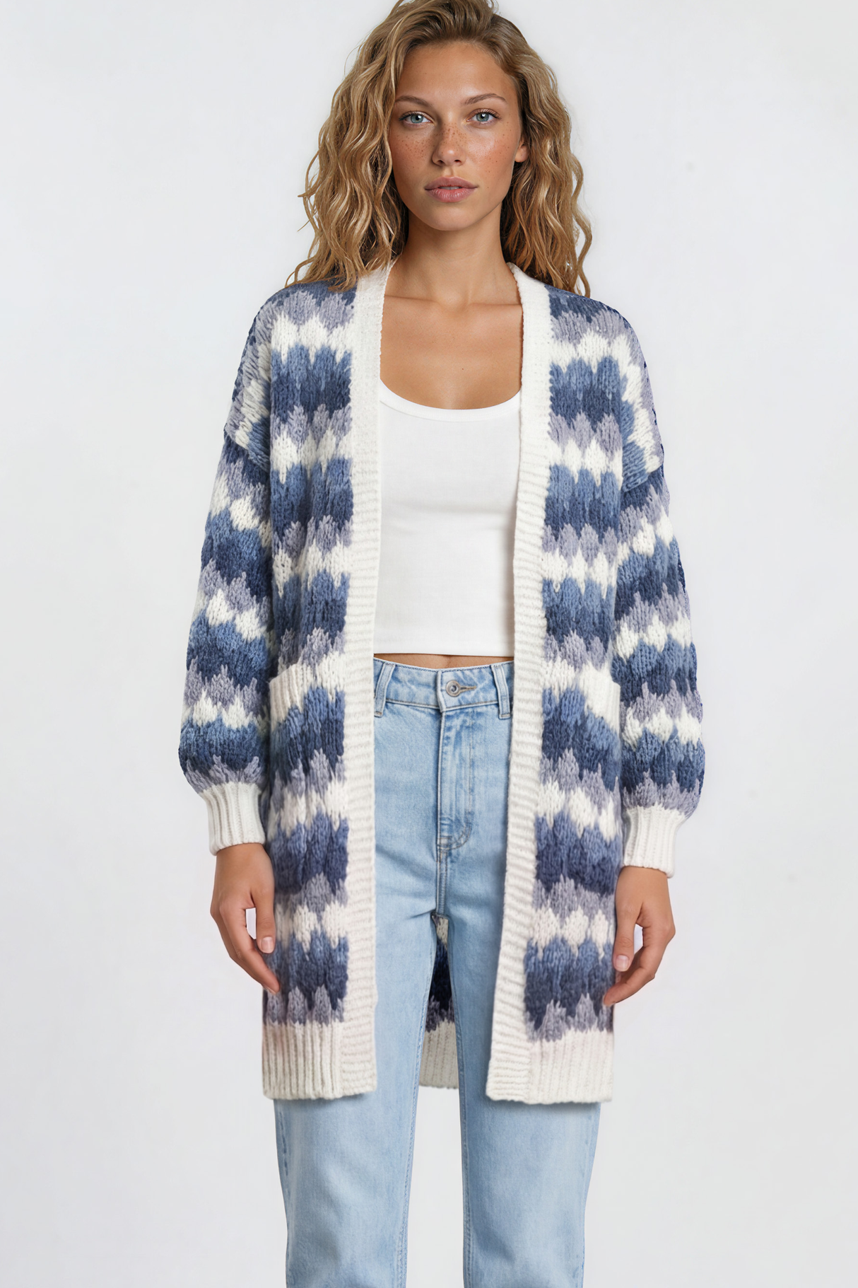 Model wearing Marlie Cardigan in Blue from Salty Crush
