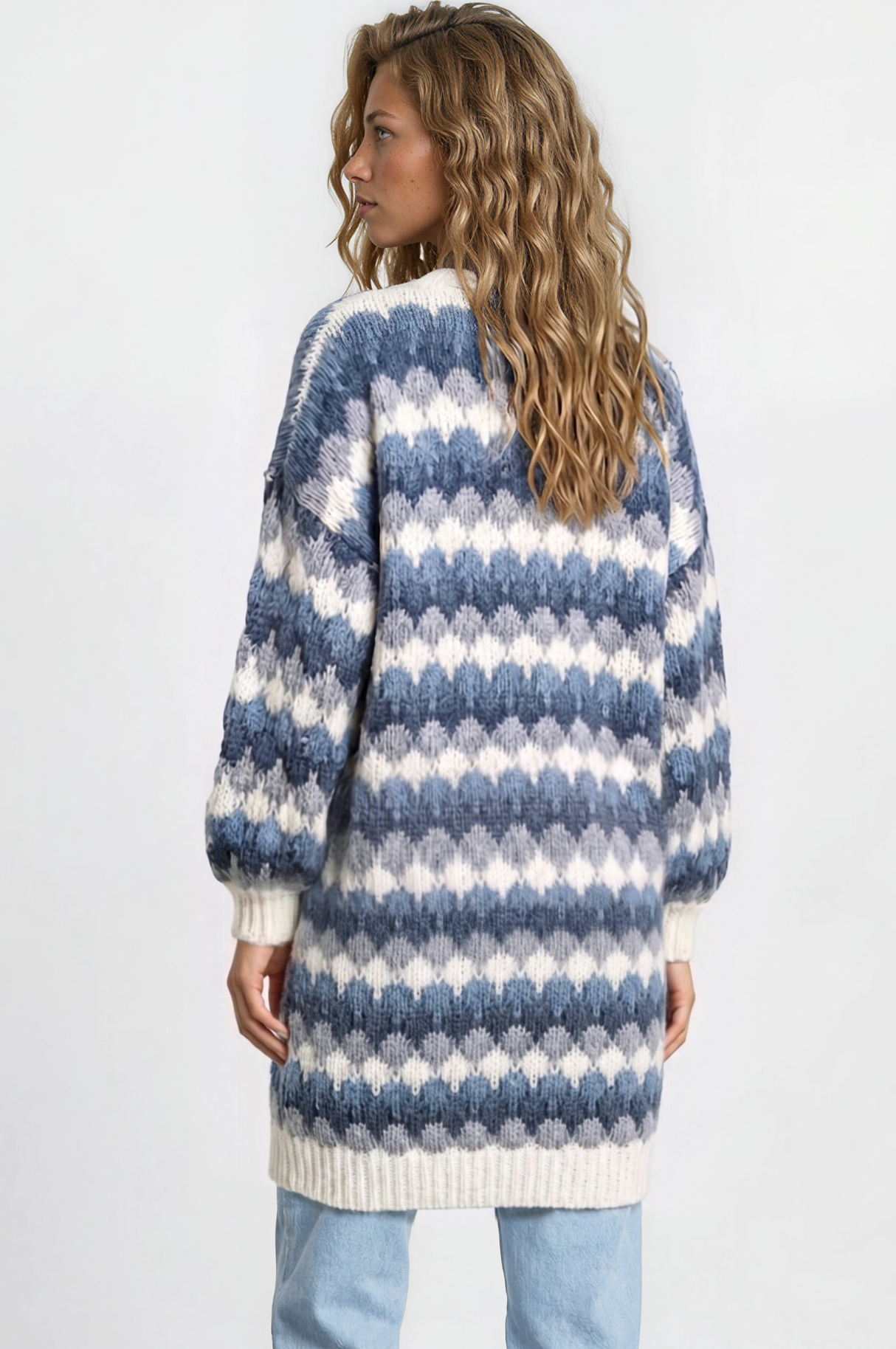 Model wearing Marlie Cardigan in Blue from Salty Crush